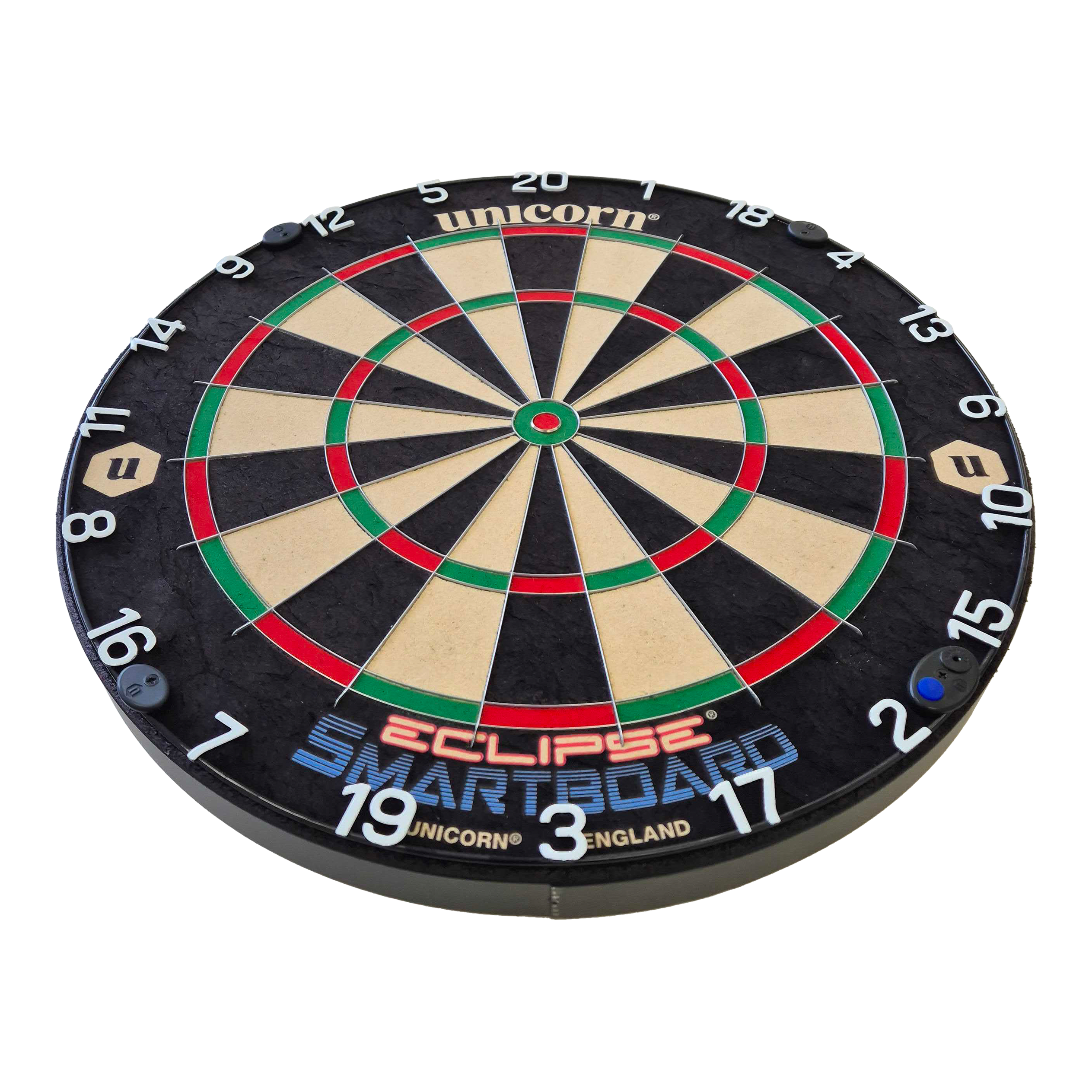 Unicorn Eclipse Smartboard Steeldartboard Das Bild zeigt das Produkt "Unicorn Eclipse Smartboard Steeldartboard". Es ist eine runde Dartscheibe mit farbigen Segmenten und weißen Zahlen am Rand.