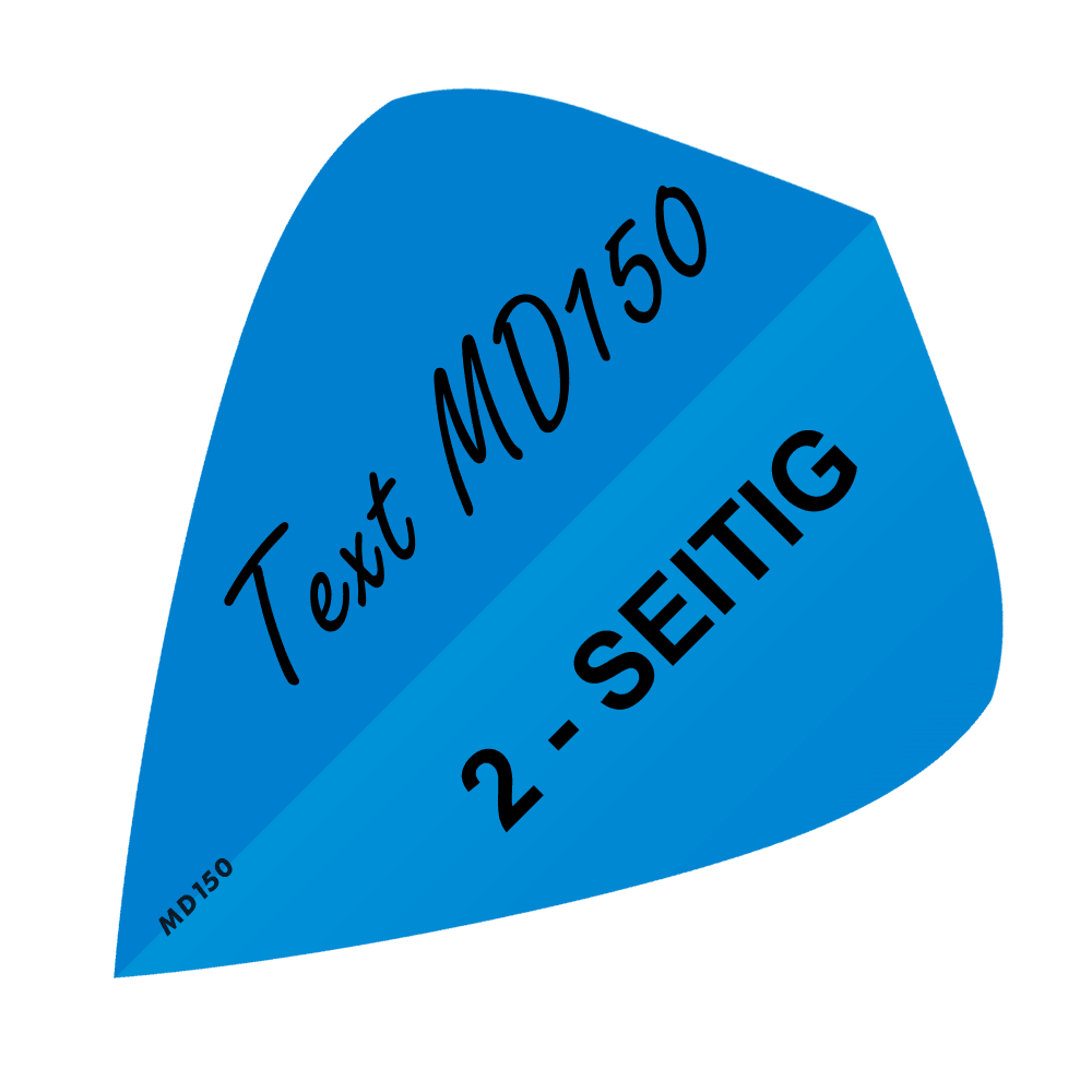 MD-306_2-Seitig_Bedruckte_Flights_Wunschtext_MD150_Blau_Kite_1 Das Bild zeigt ein blaues Quadrat mit schwarzem Text darauf. In der Mitte steht „Text MD150“ und „2-SEITIG“.