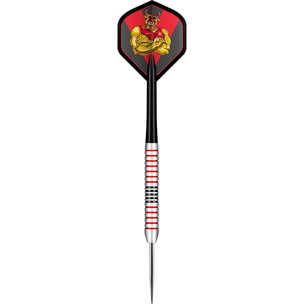 Shot Michael Smith Plated Brass Steeldarts - 24g Das Bild zeigt einen Steeldart mit dem Namen "Shot Michael Smith Plated Brass Steeldarts - 24g". Der Dart hat eine schwarz-rote Flight mit einem kräftigen, gelben Stiermotiv und einen messingfarbenen Schaft mit roten und schwarzen Ringen.