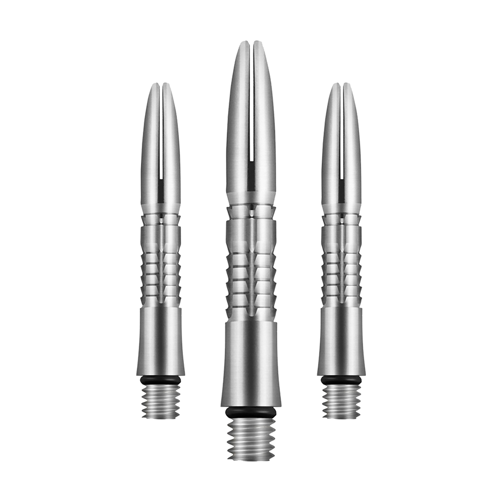 Titanové hřídele Shot Mako Auf dem Bild sind drei silberne Dartschäfte aus Titan zu sehen. Sie haben ein gerilltes Design und ein Schraubgewinde am unteren Ende.