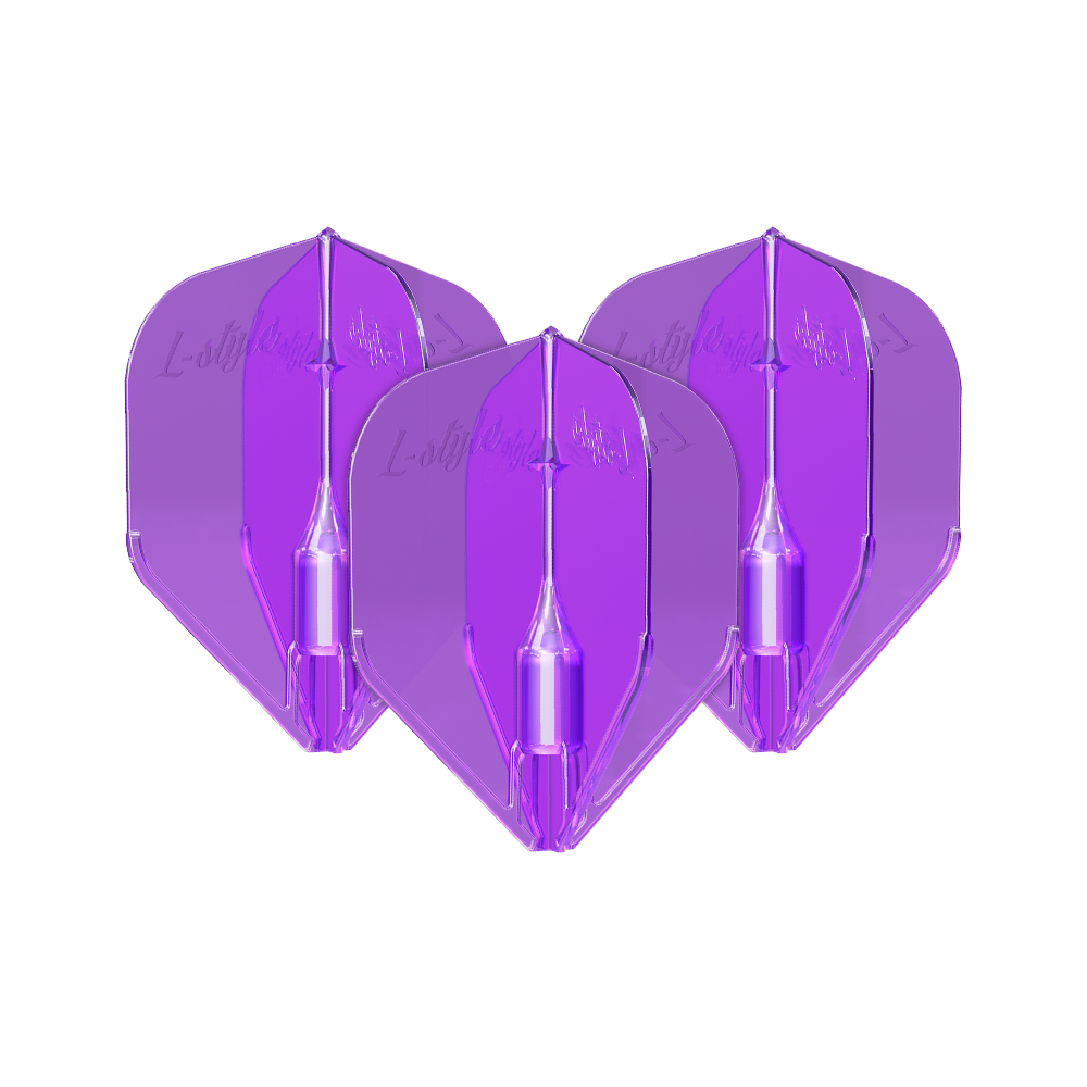 Letky L-Style Fantom L3EZ Fialová Das Bild zeigt drei violette L-Style Fantom L3EZ Flights für Darts. Sie sind nebeneinander angeordnet und haben eine glänzende, transparente Oberfläche.