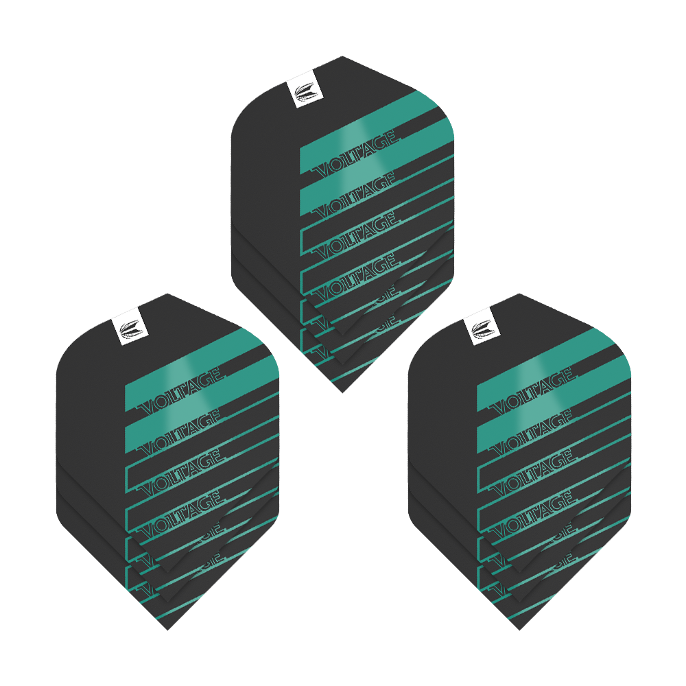Das Bild zeigt drei Sets von Target Pro Ultra Rob Cross Black No2 Standard Flights. Die Flights sind schwarz mit türkisen Streifen und dem Schriftzug "VOLTAGE".