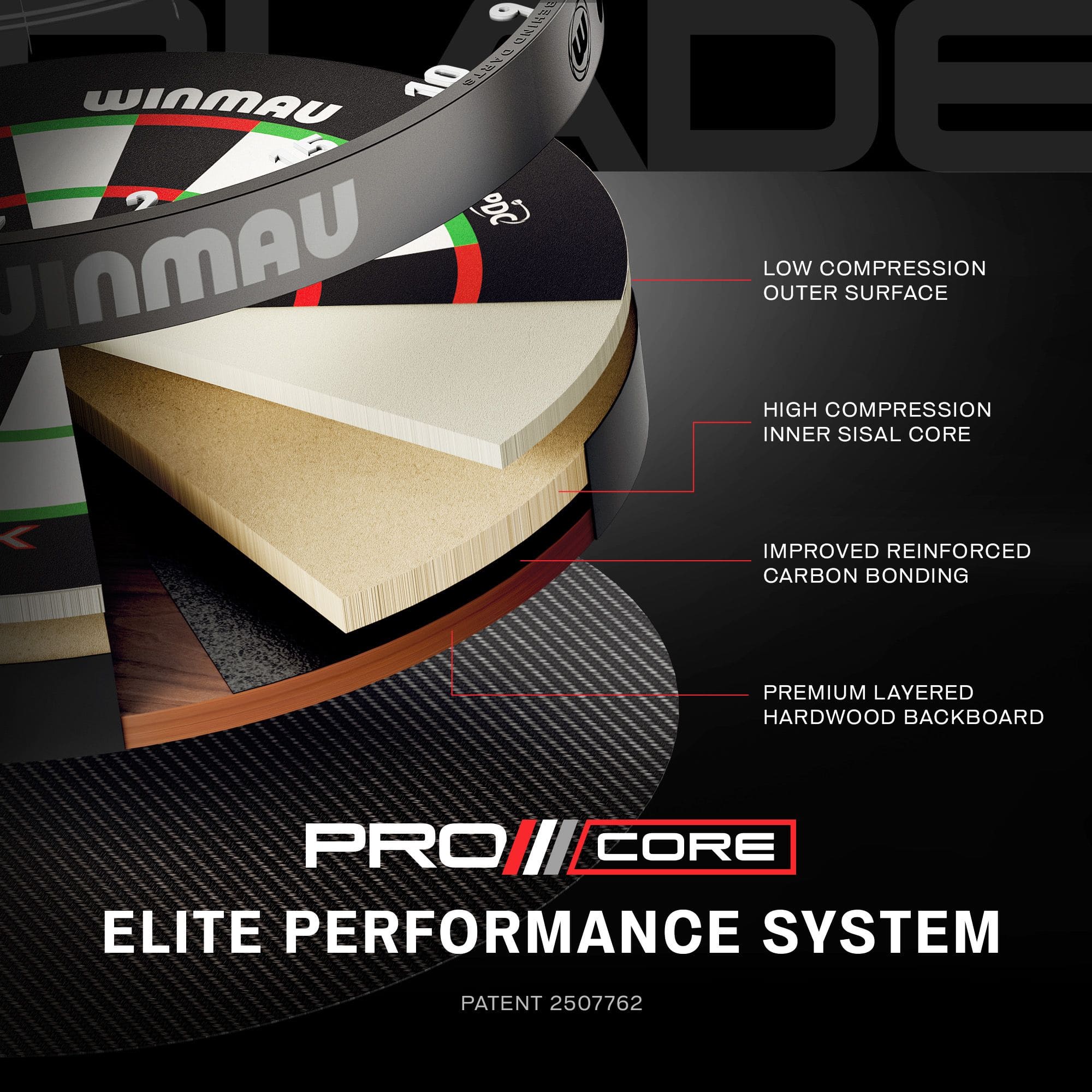 Ocelový terč Winmau Blade X ProCore Das Bild zeigt einen weiteren Blick auf das Winmau Blade X ProCore Steeldartboard. Die Aufnahme fokussiert auf die Oberfläche und das Segment-Design.