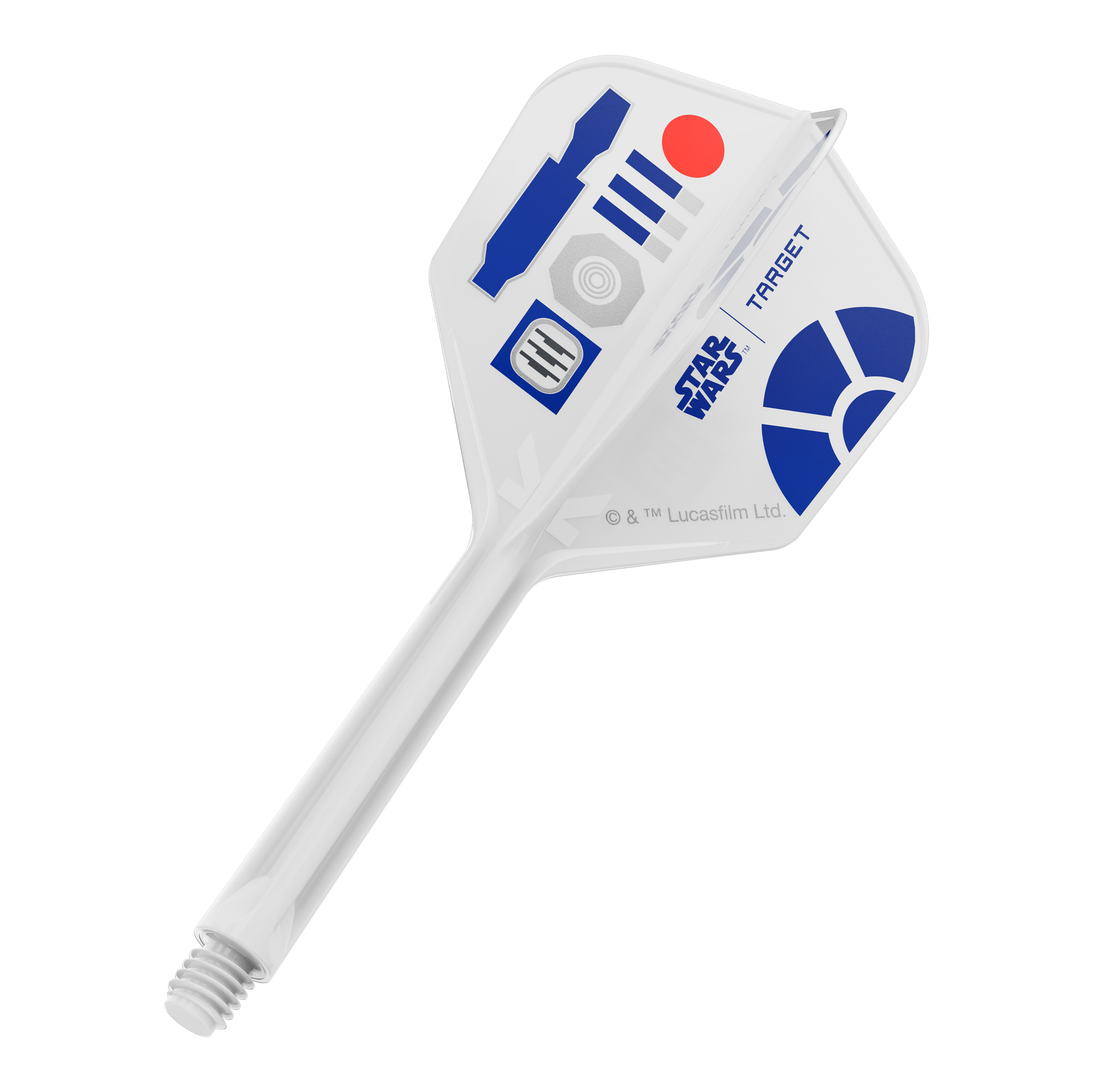 Lety Target Star Wars K-Flex R2D2 č. 6 Das Bild zeigt ein Produkt mit dem Dateinamen 410512_Target_StarWars_KFlex_R2D2_No6_Flights_Medium_33mm_1. Es dürfte ein Dart-Flight im Star Wars Design sein.