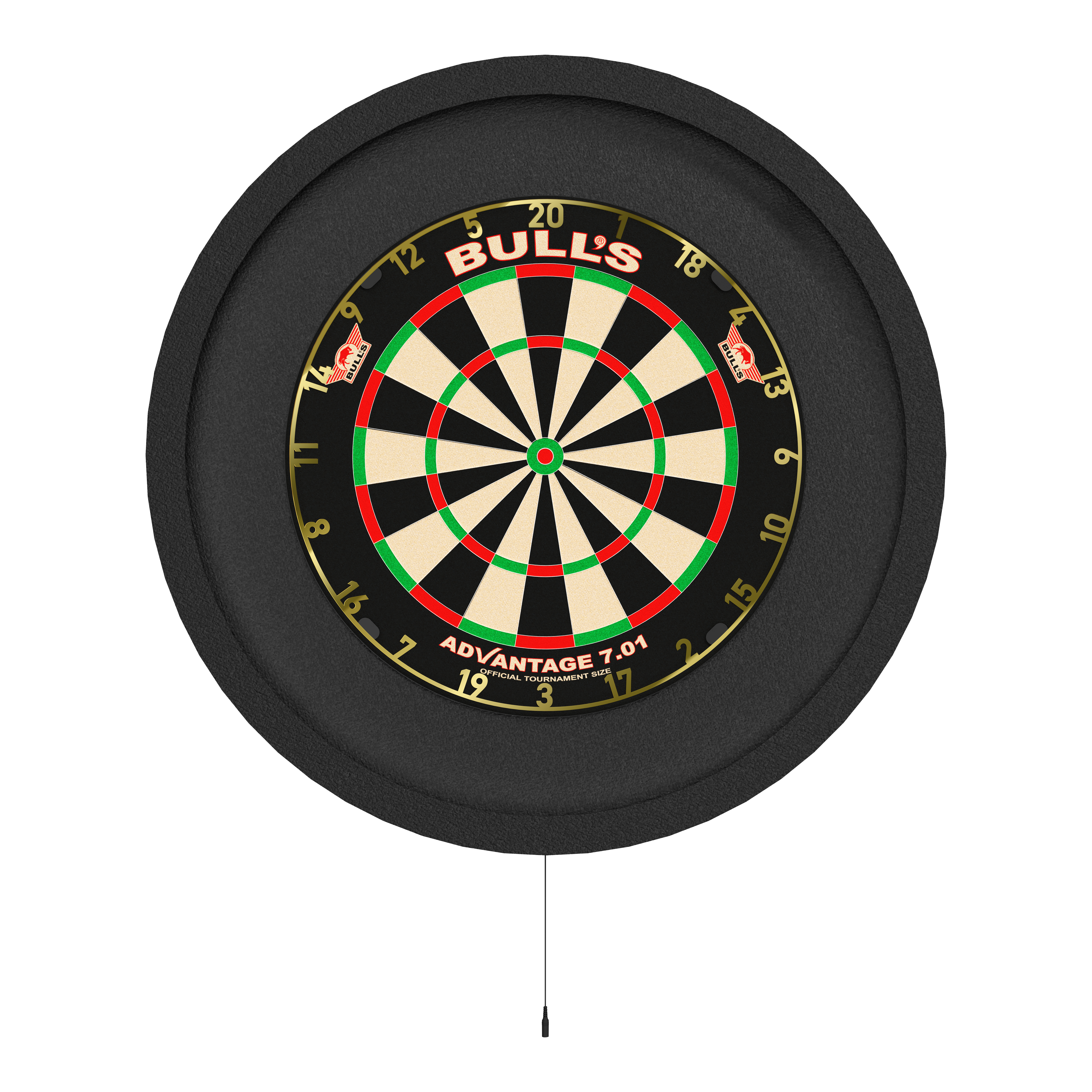 Das Bild zeigt das 'Bulls NL Lumo XL Surround Beleuchtungssystem' mit einer Dartscheibe in der Mitte. Das Beleuchtungssystem umrahmt die Scheibe und sorgt für optimale Ausleuchtung beim Dartspielen.