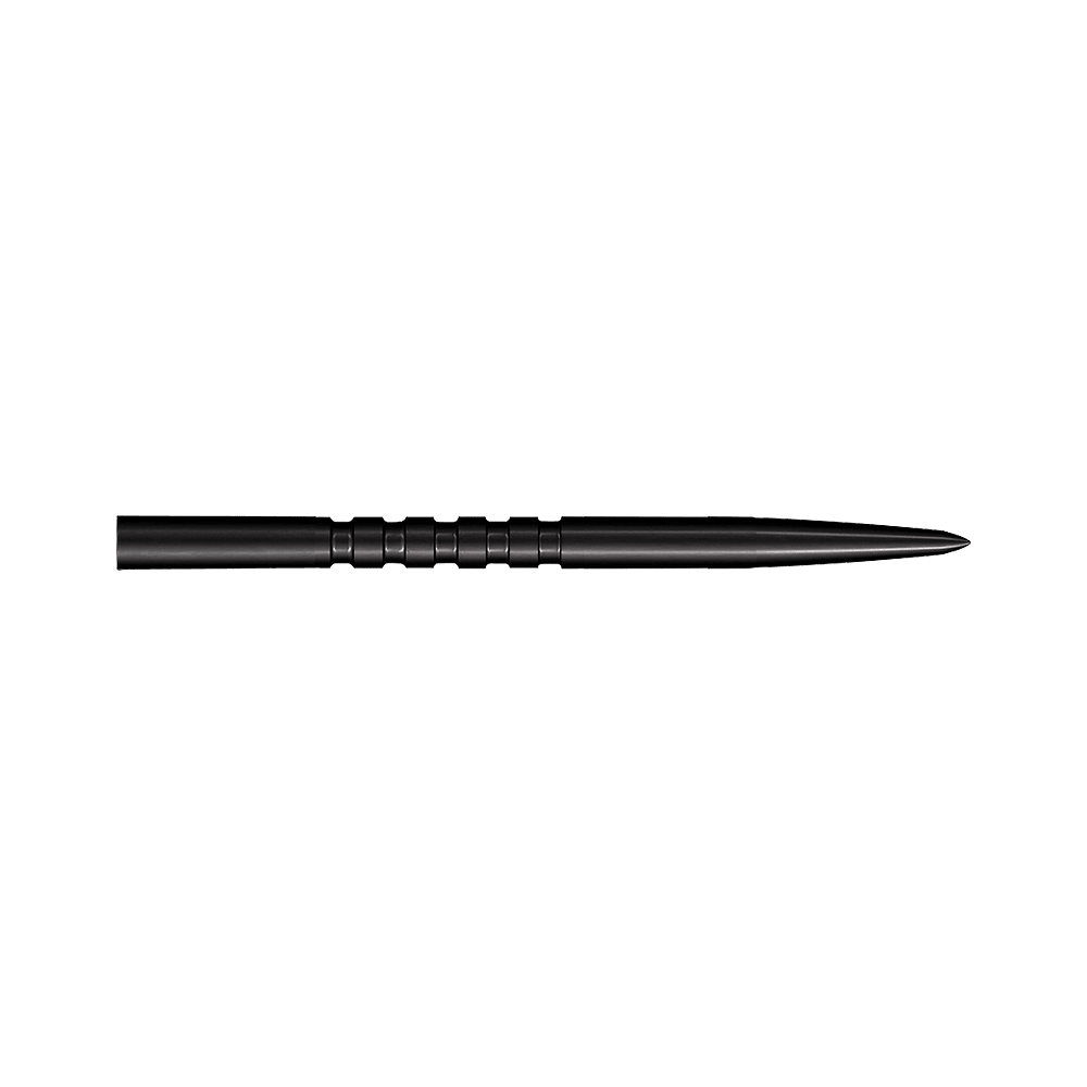 Ocelové hroty šipek Shot Grip Point - černé Auf dem Bild ist eine schwarze Stahl-Dartspitze mit Rillen in der Mitte zu sehen. Sie ist lang und hat eine spitze Form.