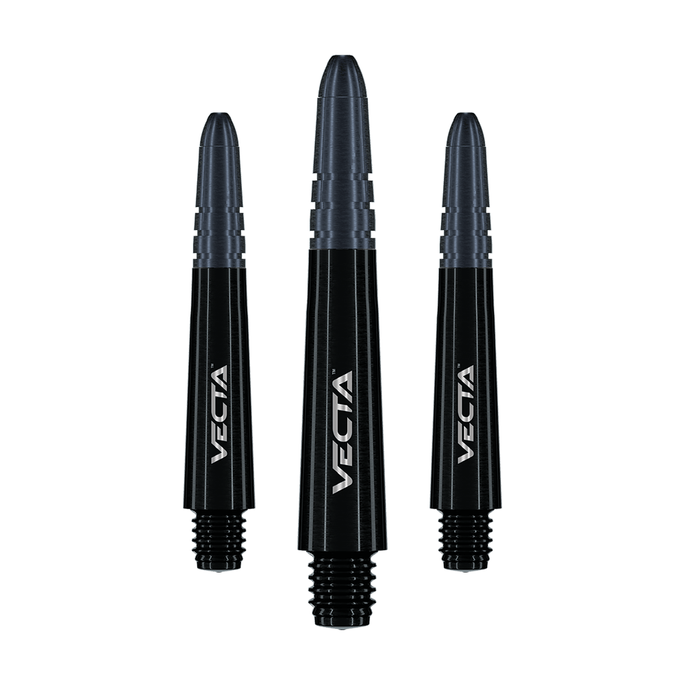 Hřídele Winmau Vecta - černá Auf dem Bild sind drei schwarze Dart-Schäfte mit der Aufschrift "Vecta" zu sehen. Sie sind unterschiedlich groß und haben ein modernes, glänzendes Design.
