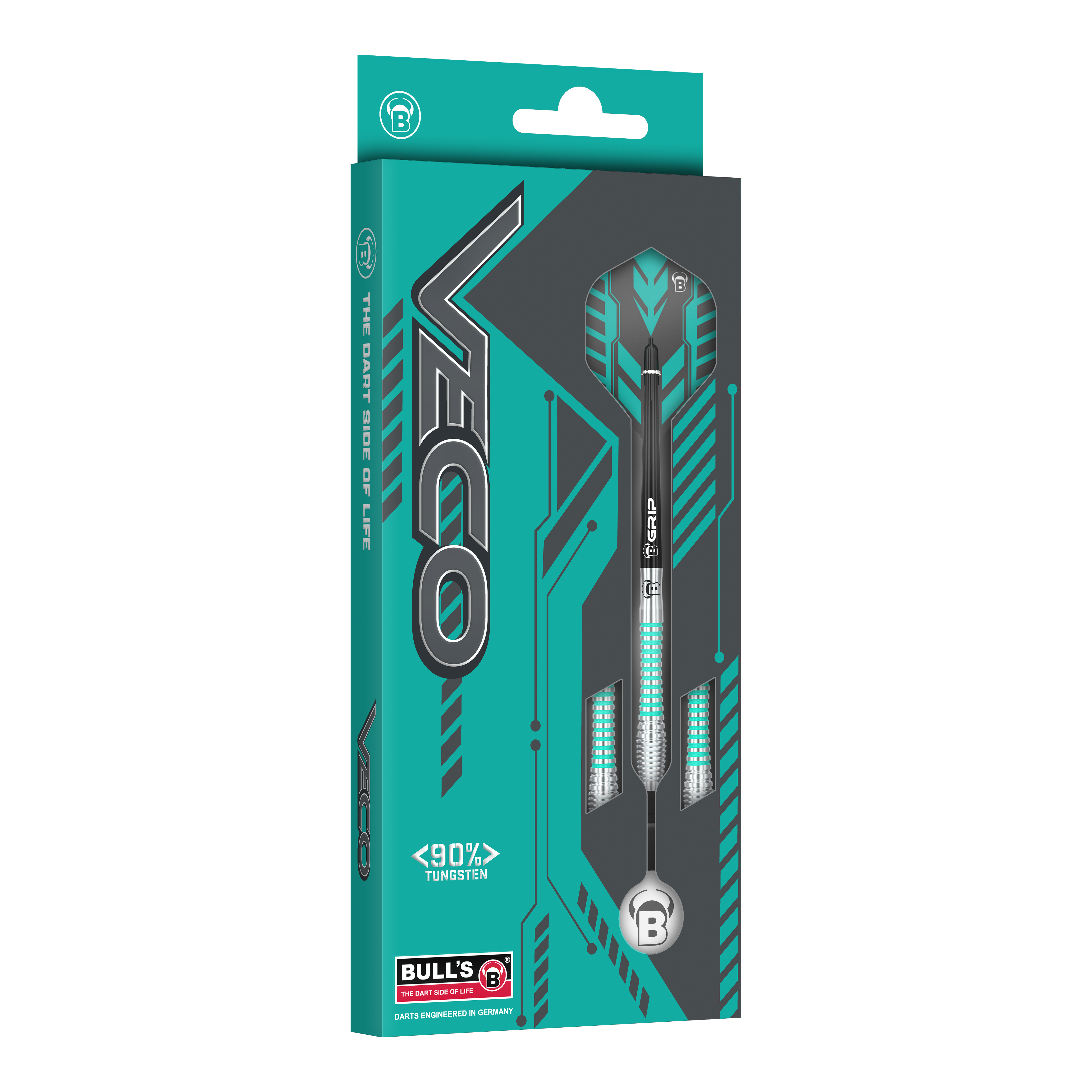 Die Abbildung zeigt die Verpackung der "Bulls Veco V2 Softdarts". Die Darts bestehen zu 90 % aus Tungsten und sind in einer modern gestalteten Schachtel präsentiert.