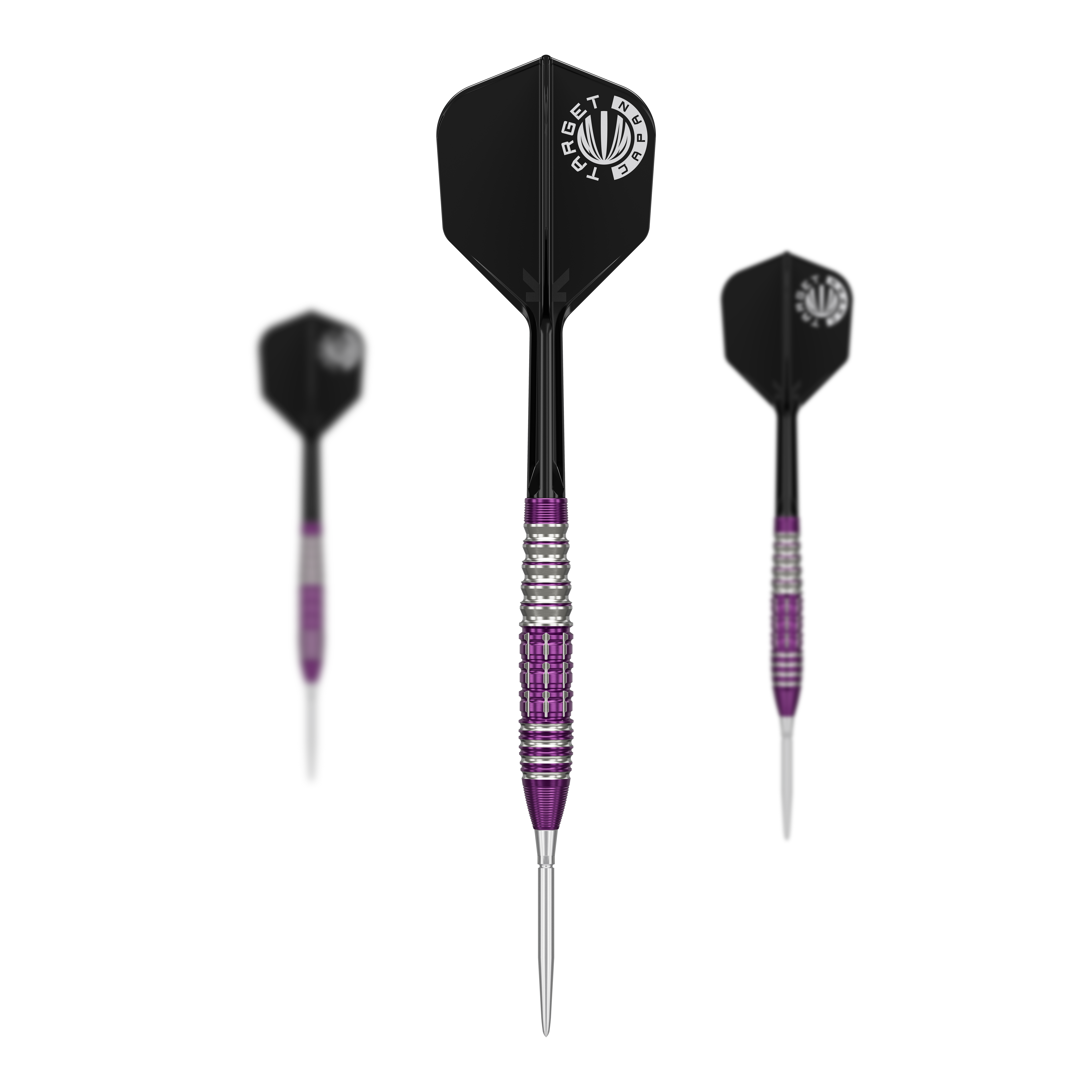Šipky Target Japan Prime Series Tung Suk Zenith GEN1 Swiss Point Steeldarts - 23g Das Bild zeigt drei Steeldarts der Marke "Target Japan Prime Series Tung Suk Zenith GEN1 Swiss Point" mit einem Gewicht von 23g. Die Darts haben silberne und lila Akzente sowie schwarze Flights mit weißem Logo.