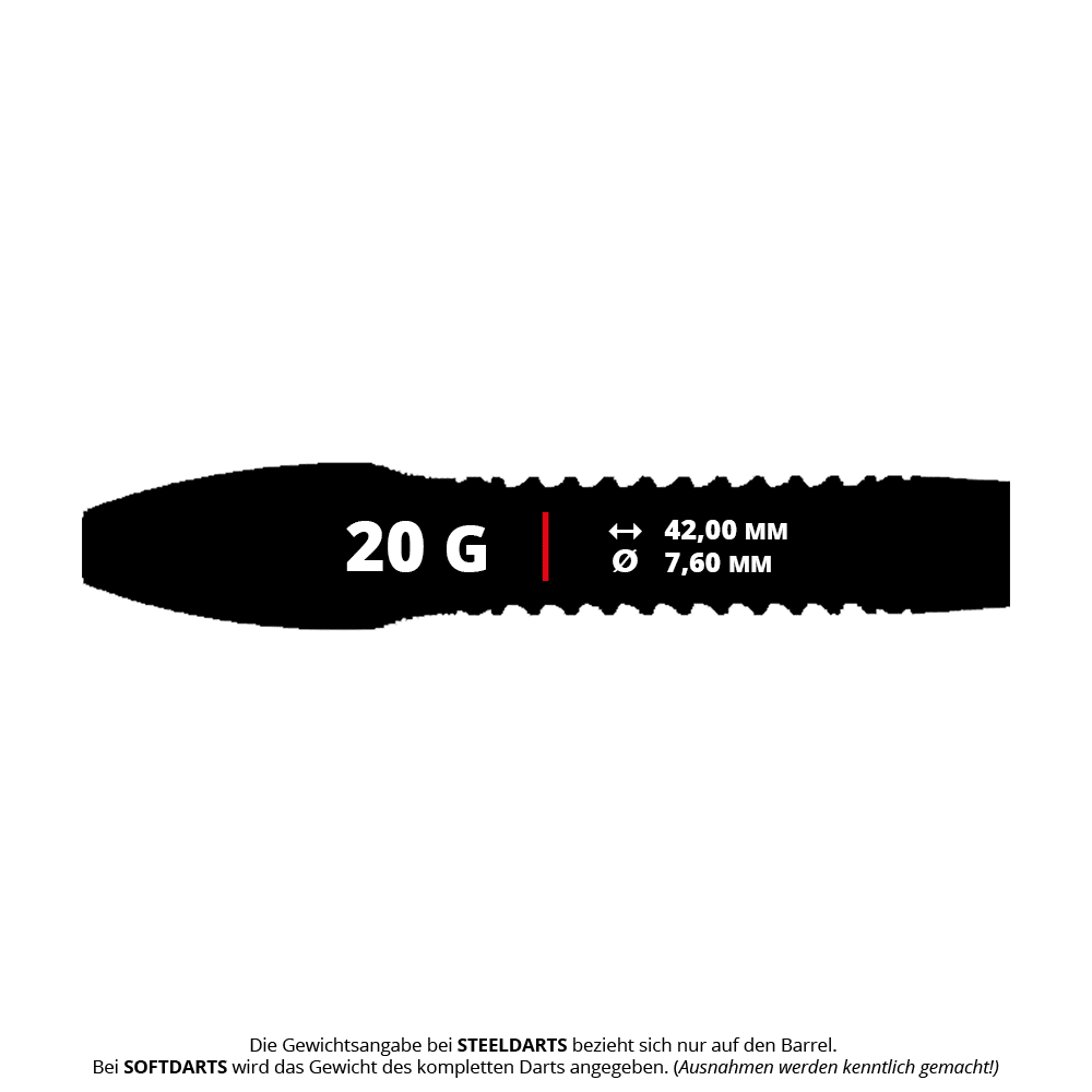 Ocelové šipky Caliburn Wolfpack W4 - 20g Das Bild zeigt die Produktdetails der Caliburn Wolfpack W4 Steeldarts mit 20 Gramm Gewicht. Die Länge des Barrels beträgt 42,00 mm und der Durchmesser 7,60 mm.