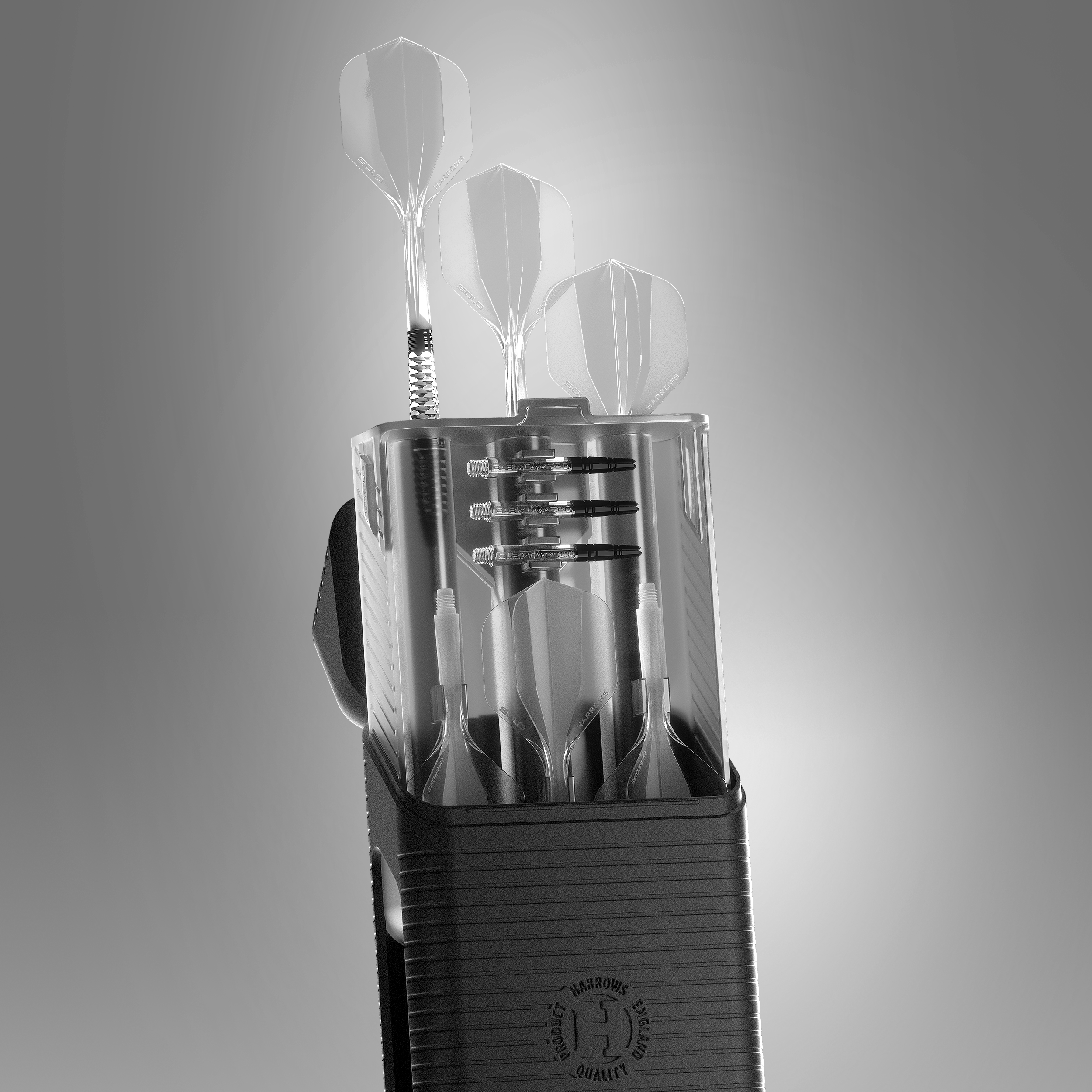 Pouzdro na šipky Harrows Vault Ein Harrows Vault Dartcase Clear (durchsichtig) ist auf dem Bild abgebildet. Das geöffnete Etui zeigt den Innenraum zum Verstauen von Dartpfeilen.