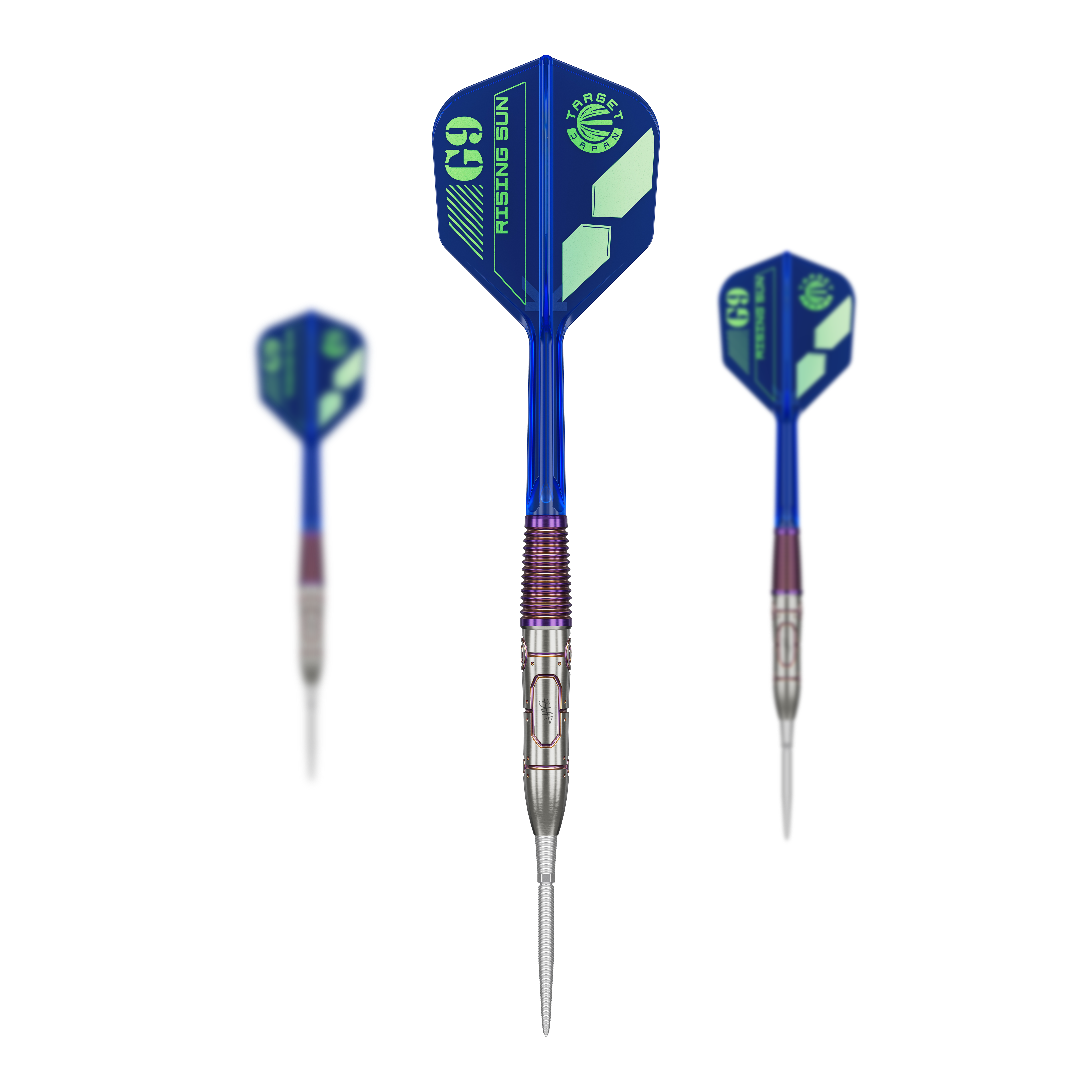 Auf dem Bild sind drei Steeldarts des Modells "Target Japan Haruki Muramatsu Rising Sun GEN9" zu sehen. Die Darts haben blaue Flights und silberne Spitzen.