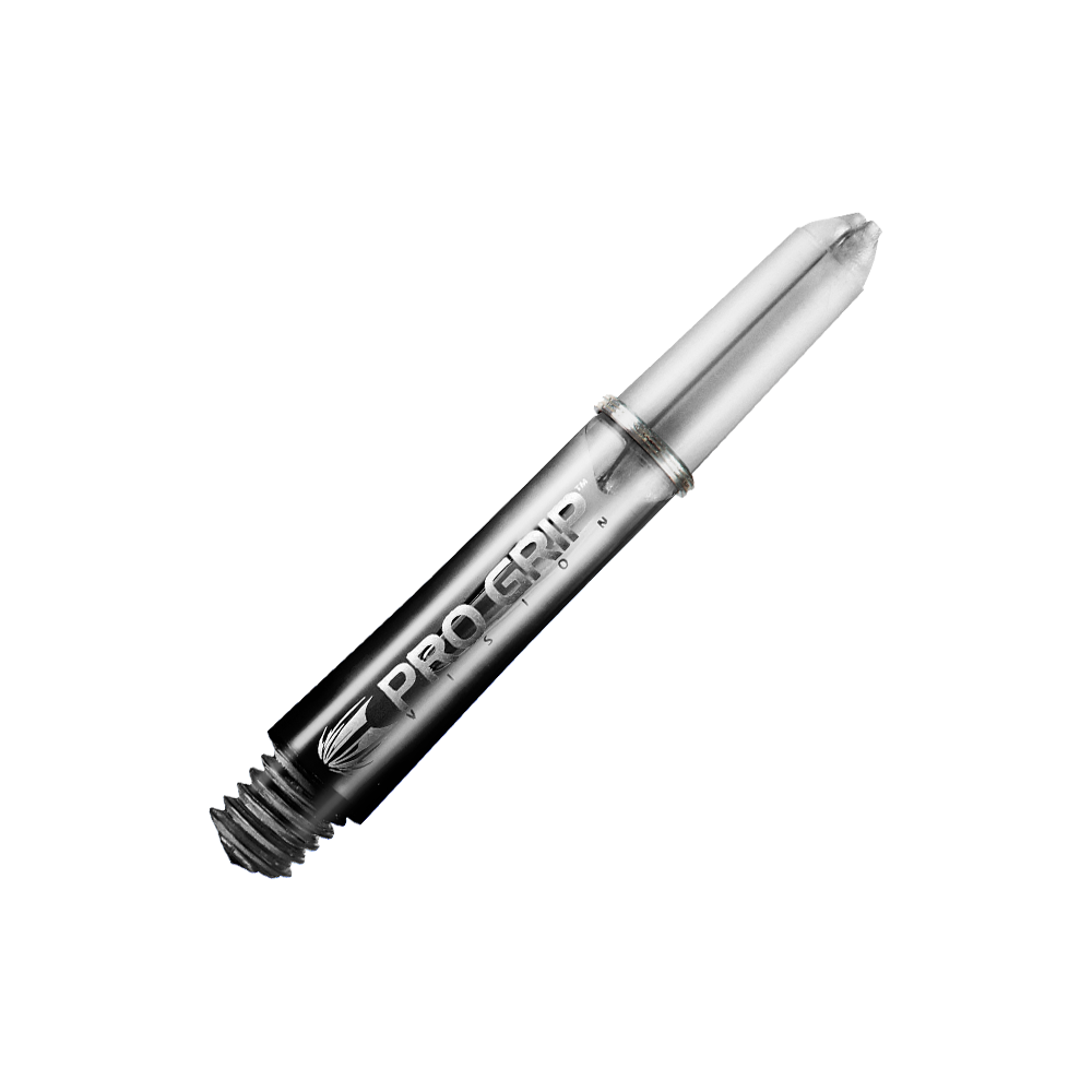 Násadky Target Pro Grip Vision - 3 sady - černé Das Bild zeigt einen schwarzen Pro Grip Vision Shafts von Target mit einer Länge von 34 mm. Der Schaft hat ein glänzendes Finish und ist mit einem Schraubgewinde ausgestattet.