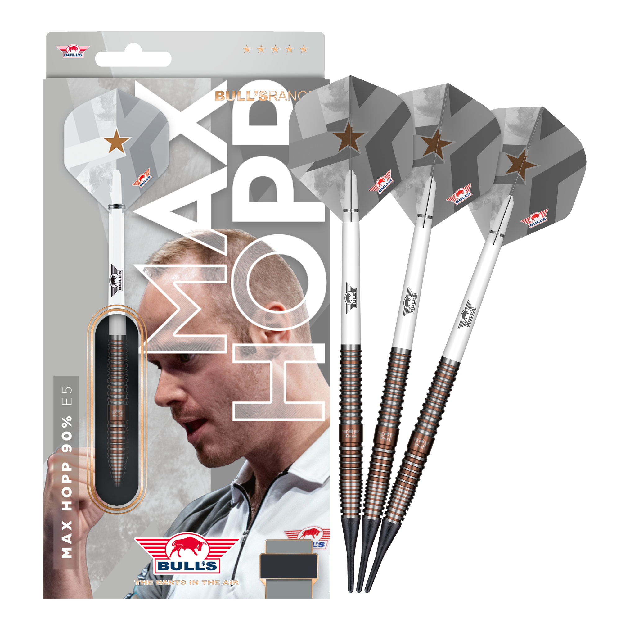 Měkké šipky Bulls NL Max Hopp E5 - 20g Zu sehen ist das Set Bulls NL Max Hopp E5 Softdarts im Gewicht 20g. Die Darts sind ideal für Softdart-Enthusiasten geeignet.