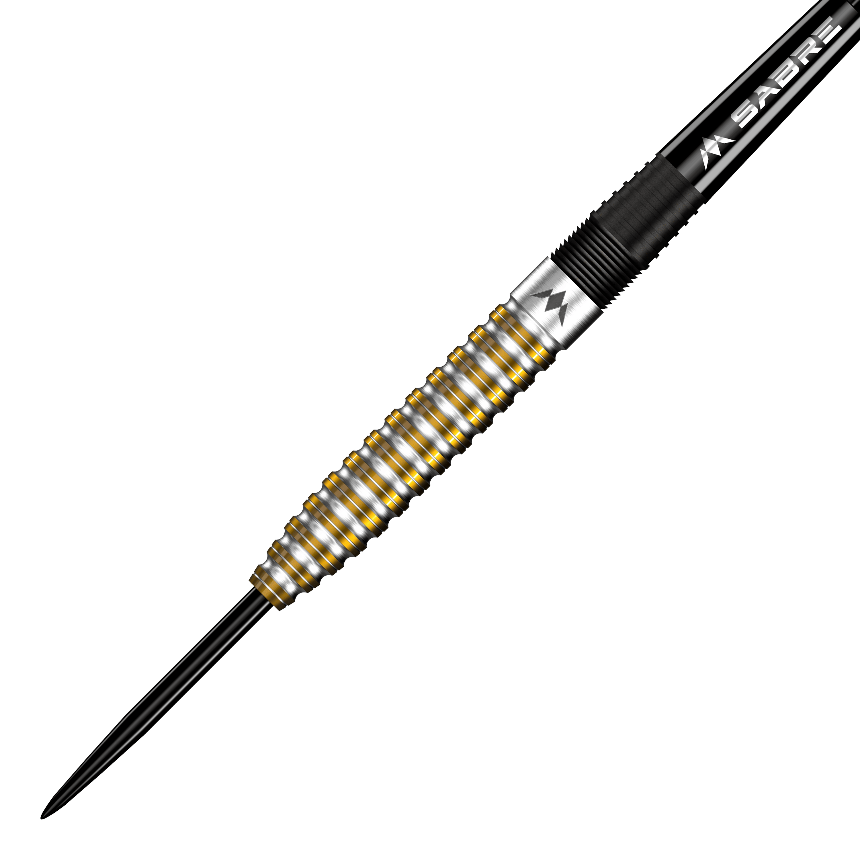 Mission Oskar Lukasiak černé zlato PVD ocelové šipky - 22g Das Bild zeigt einen Steeldart mit silbernen und goldenen Rillen auf dem Barrel. Es handelt sich um den "Mission Oskar Lukasiak Black Gold PVD Steeldart - 22g".