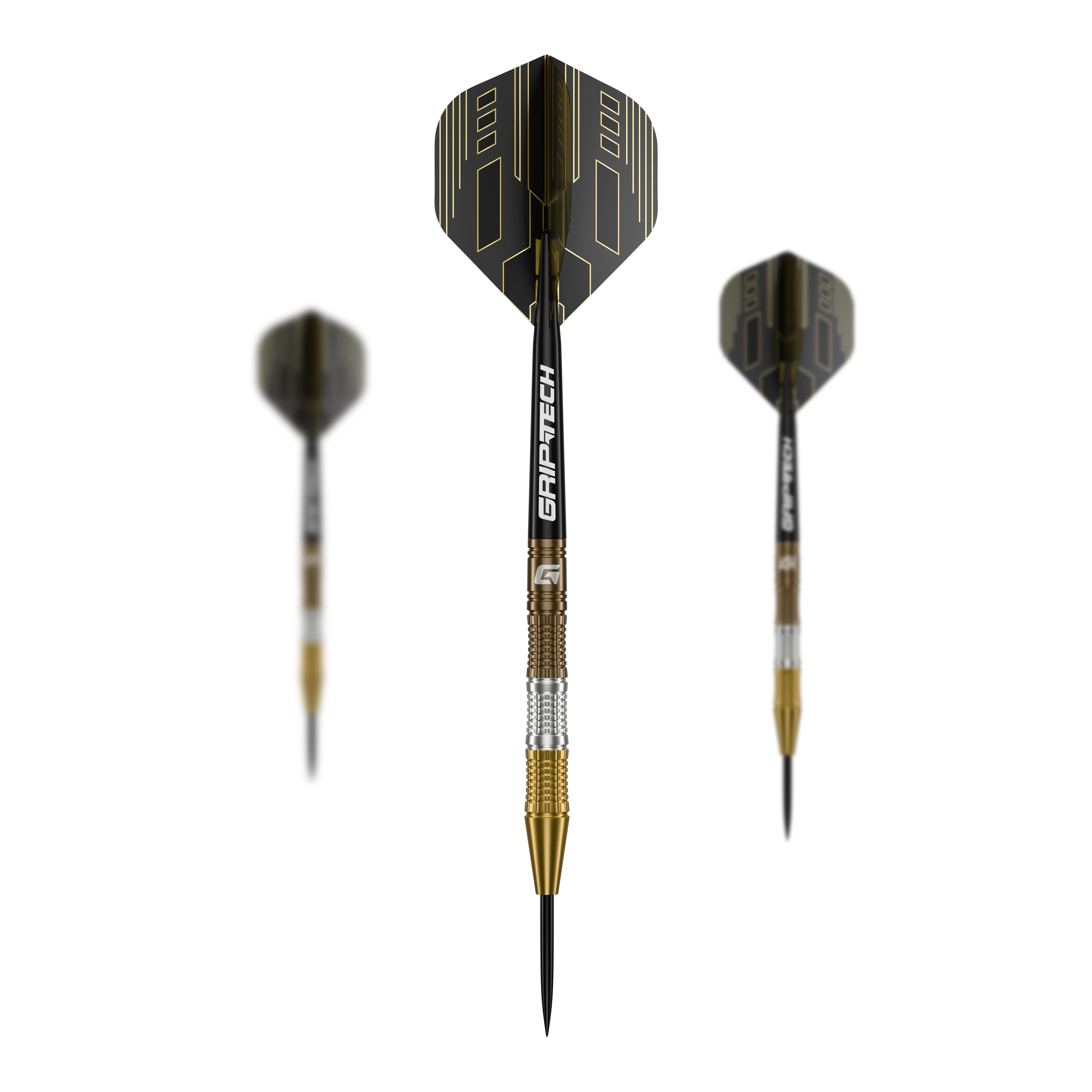 Šipky GOAT Ceremony z wolframové oceli Das Bild zeigt drei "GOAT Ceremony Tungsten Steeldarts" mit schwarzen und goldenen Elementen. Der mittlere Dart ist im Fokus und zeigt den Schriftzug "GRIP-TECH" auf dem Schaft.