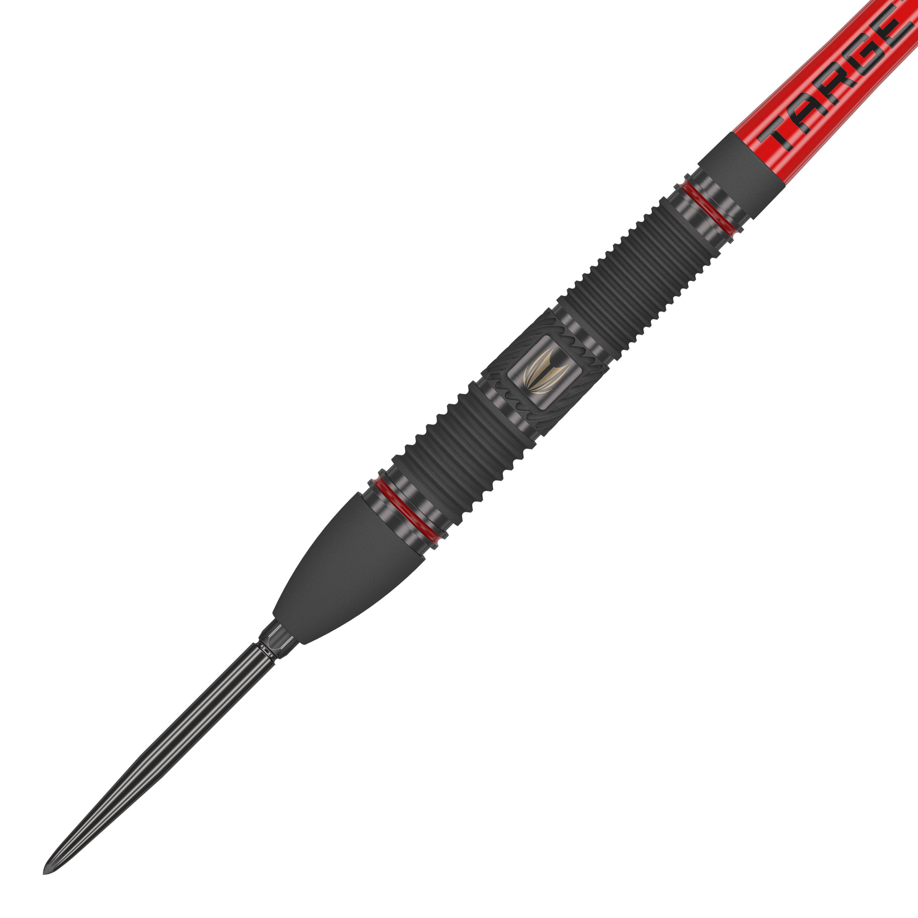 Ocelové šipky Target Scope 02 Swiss Point Das Bild zeigt einen Target Scope 02 Swiss Point Steeldart mit einem schwarzen und roten Design. Der Dartpfeil hat eine gerillte Griffzone und eine scharfe Metallspitze.