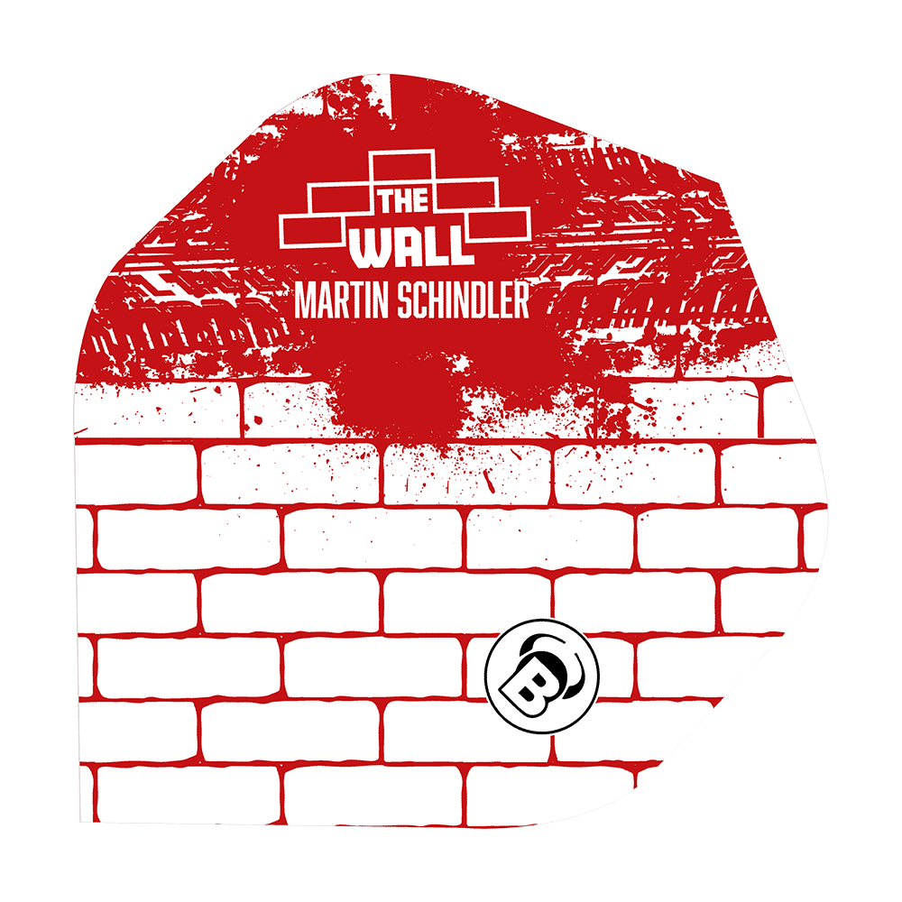 Das Bild zeigt ein Dart-Flight mit einem weißen Ziegelmuster und roten Farbspritzern. Oben steht „THE WALL MARTIN SCHINDLER“ und unten ist ein „B“-Logo abgebildet.