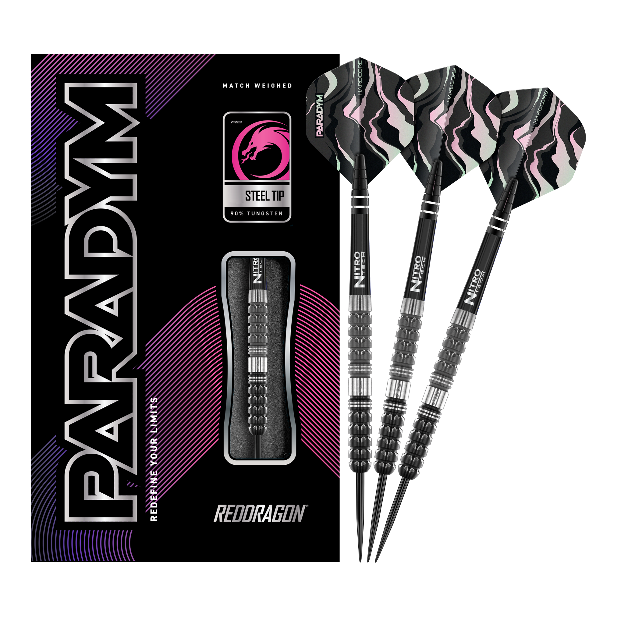 Šipky Red Dragon Paradym Tapered Steel Das Bild zeigt das Produkt "Red Dragon Paradym Tapered Steeldarts" mit einer schwarzen Verpackung und drei Steeldarts. Die Darts haben schwarze, silberne und rosafarbene Details sowie auffällige Flights.