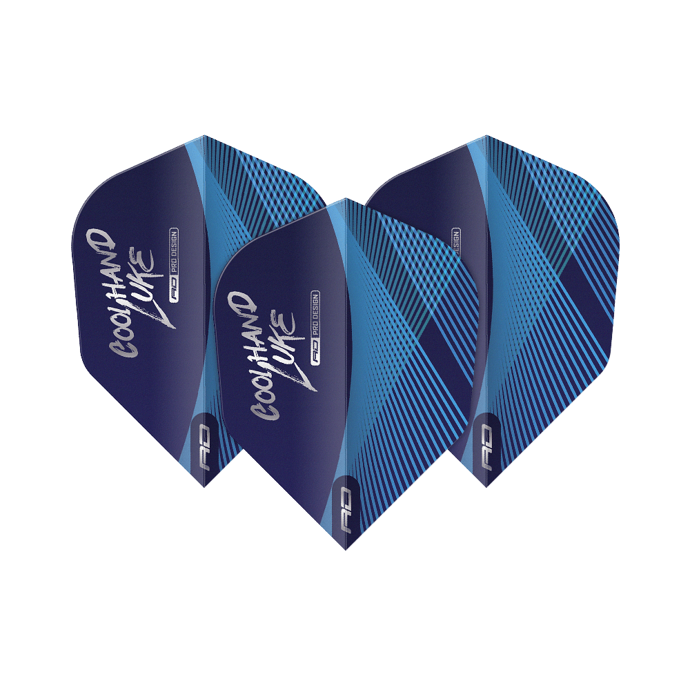 Letky Red Dragon Luke Humphries Coolhand Blue Silver No6 Das Bild zeigt drei blaue Dart-Flights mit silbernen und blauen Linienmustern. Auf den Flights steht der Schriftzug "Coolhand Luke".