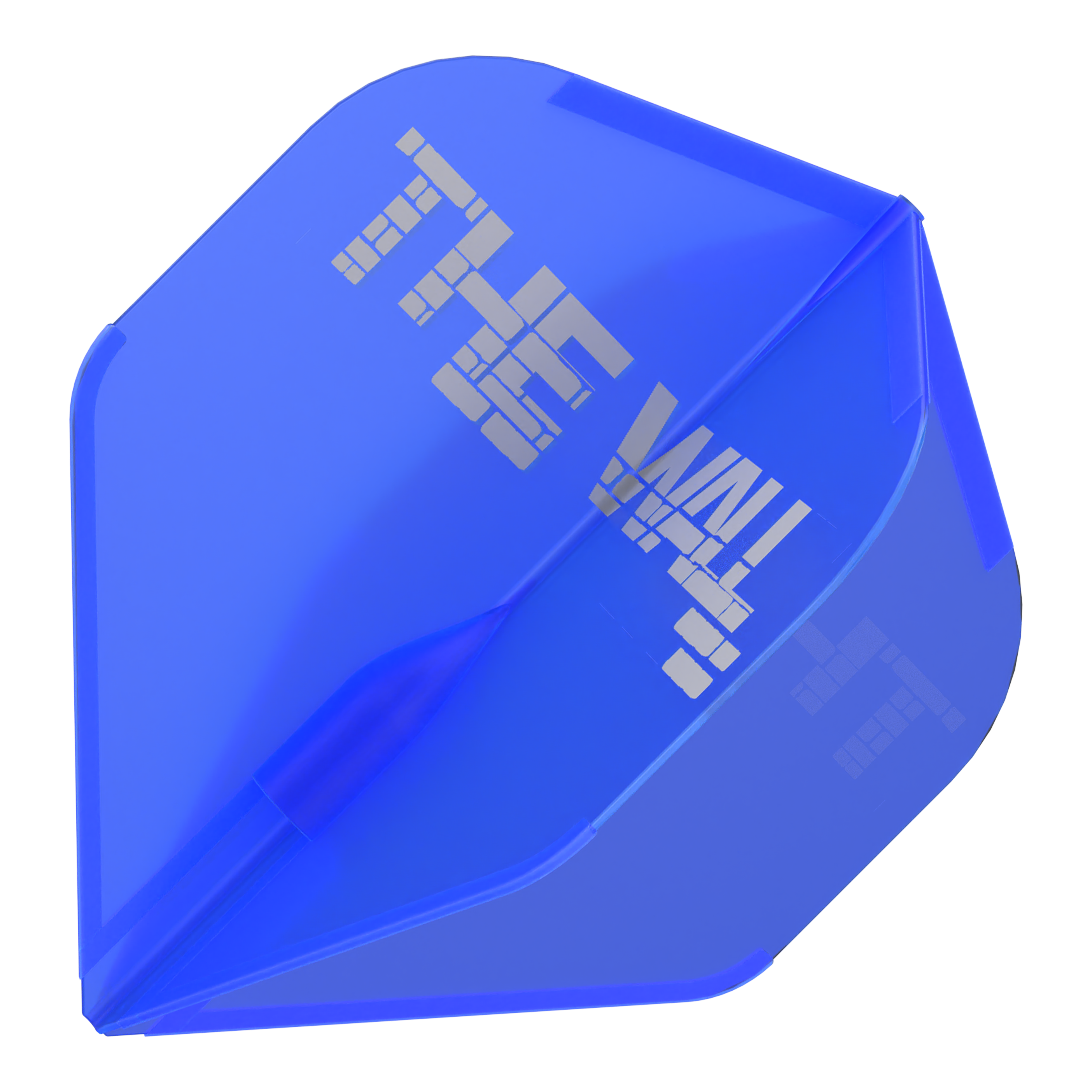Dies ist ein blauer Dartflight mit der Aufschrift "THE WALL" in silberner Schrift. Das Produkt heißt "L-Style Martin Schindler Blau L1EZ Flights".