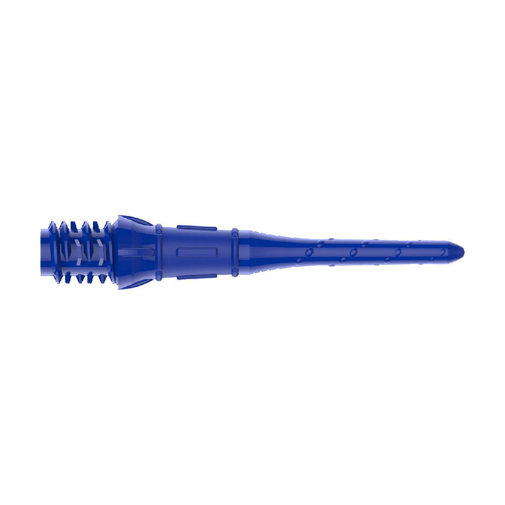 Das Bild zeigt eine blaue Dartspitze aus Kunststoff. Die Spitze hat mehrere Kerben und eine strukturierte Oberfläche für besseren Halt.