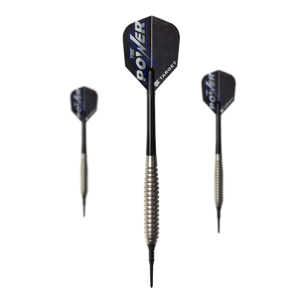 Měkké šipky Target Phil Taylor Power Silverlight Das Bild zeigt drei Softdarts des Modells "Target Phil Taylor Power Silverlight". Die Darts haben silberne Griffe und schwarze Flights mit der Aufschrift "The Power".