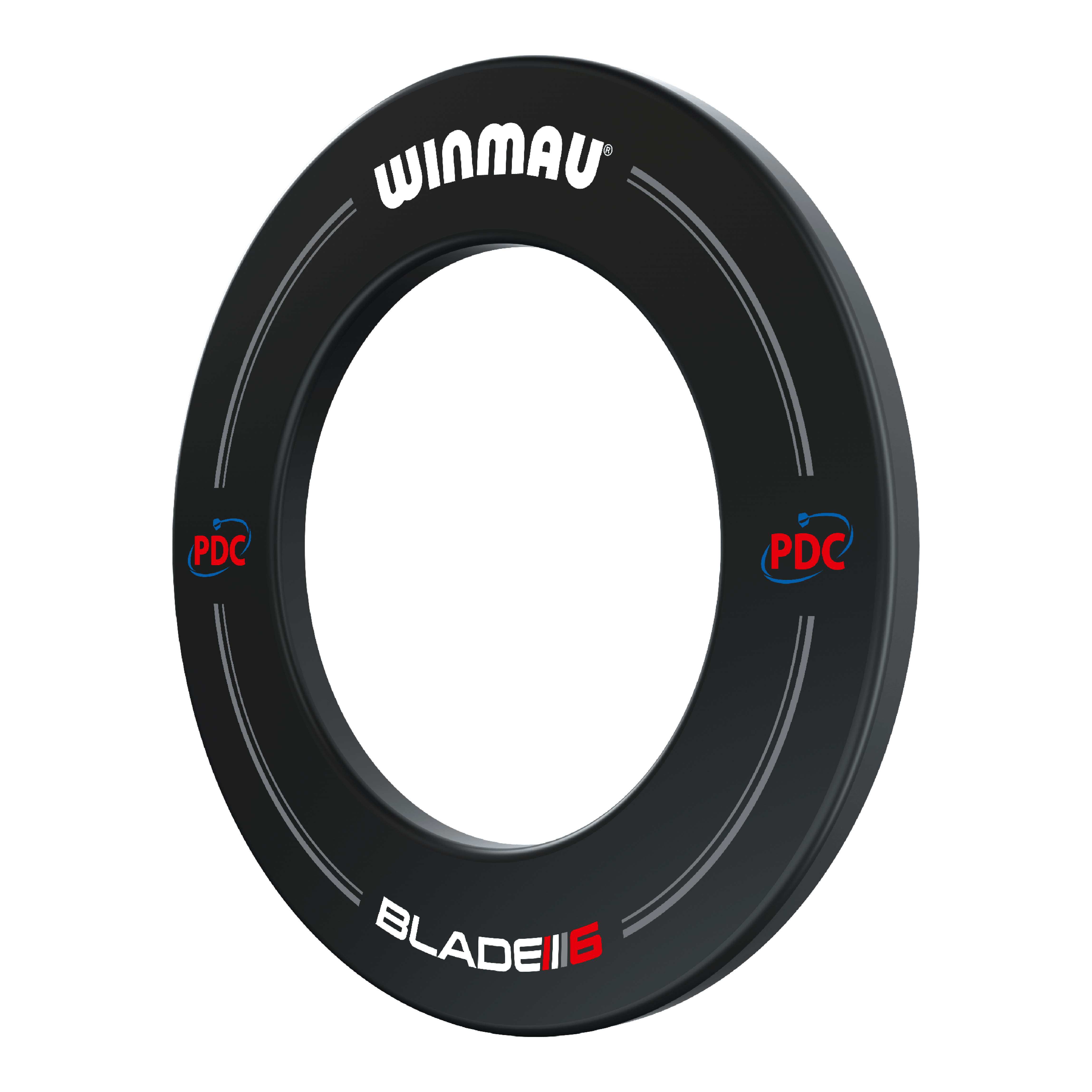Winmau PDC Dartboard Surround – černá Das Bild zeigt einen schwarzen Dartboard Surround der Marke Winmau mit der Aufschrift "PDC" und "Blade 6". Der Surround dient dazu, die Wand rund um das Dartboard vor abprallenden Darts zu schützen.