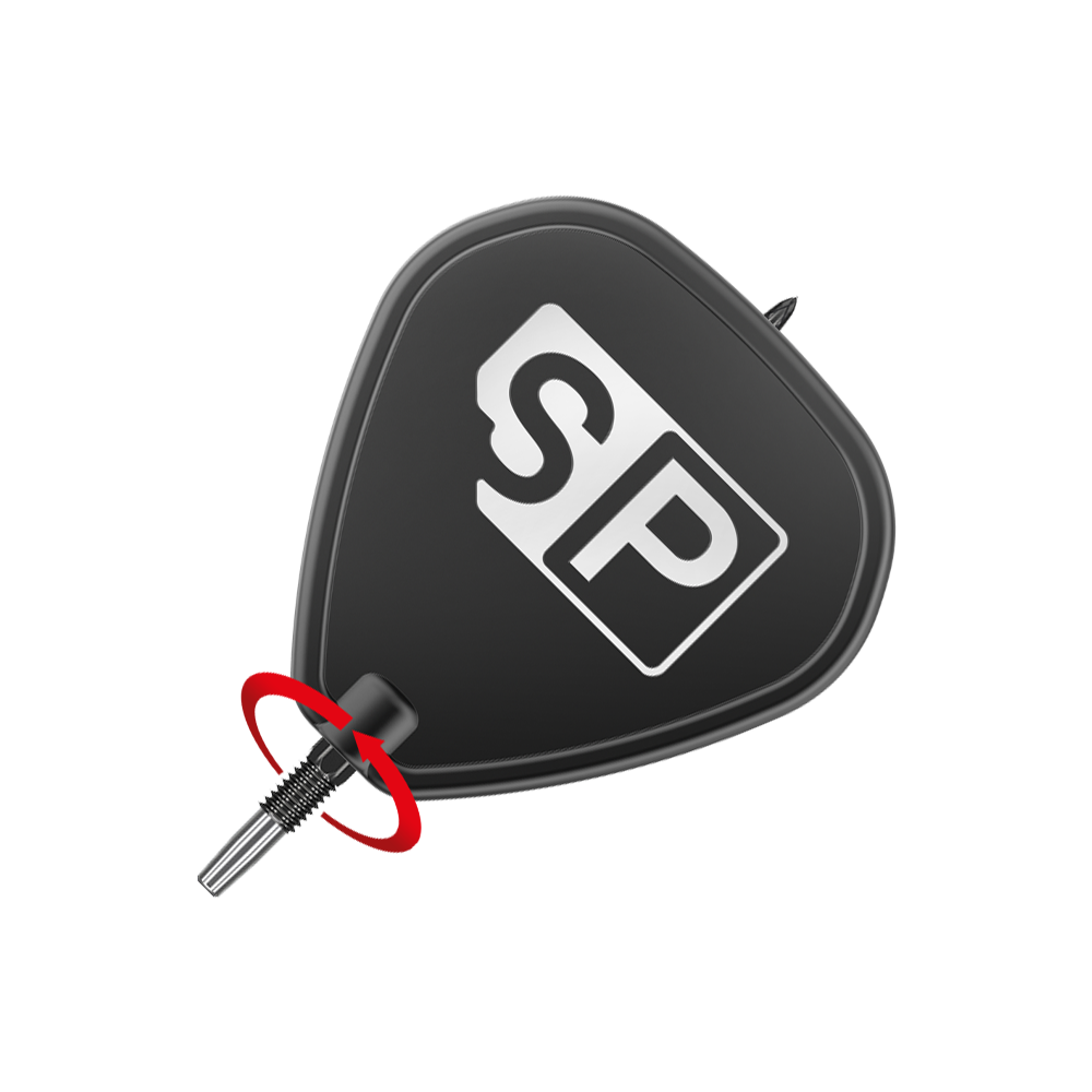 Šipkové hroty Target Swiss Point DX - černé Das Bild zeigt eine schwarze Dartspitze mit der Aufschrift "SP" darauf. Ein roter Pfeil deutet auf eine Drehbewegung an der Schraubstelle hin.