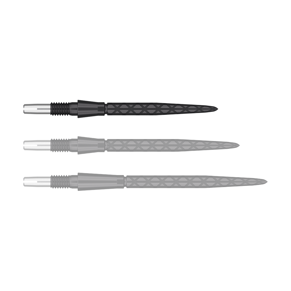 Špičky na šipky Target Swiss Storm Diamond Point - černé Auf dem Bild sind drei schwarze Dartspitzen mit silbernen Enden zu sehen. Sie sind länglich und haben ein diamantförmiges Muster auf der Oberfläche.
