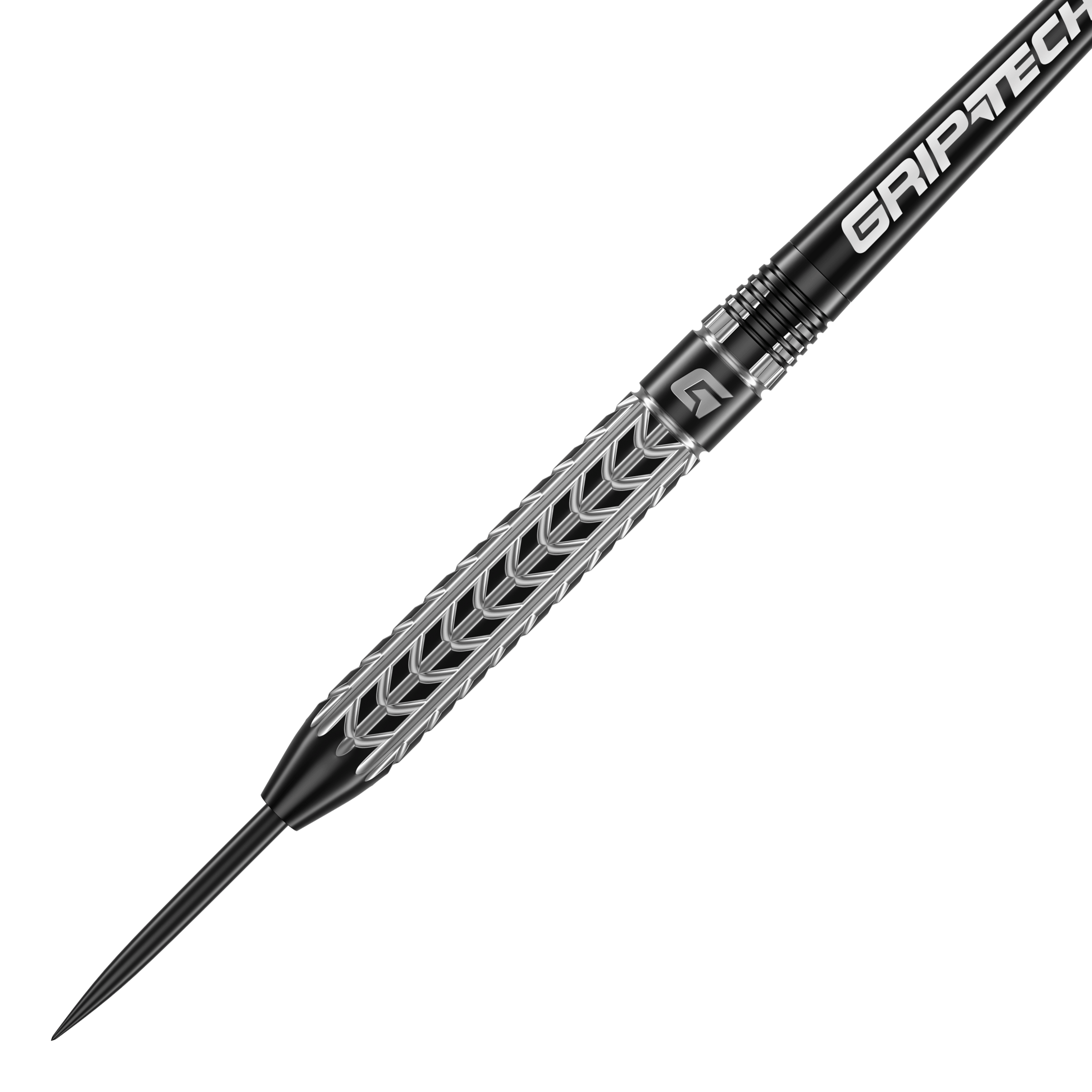 Šipky GOAT Traction z wolframové oceli Das Bild zeigt einen GOAT Traction Tungsten Steeldart mit einem silbernen, strukturierten Griffbereich. Auf dem Schaft steht in weißer Schrift "GRIPTECH".