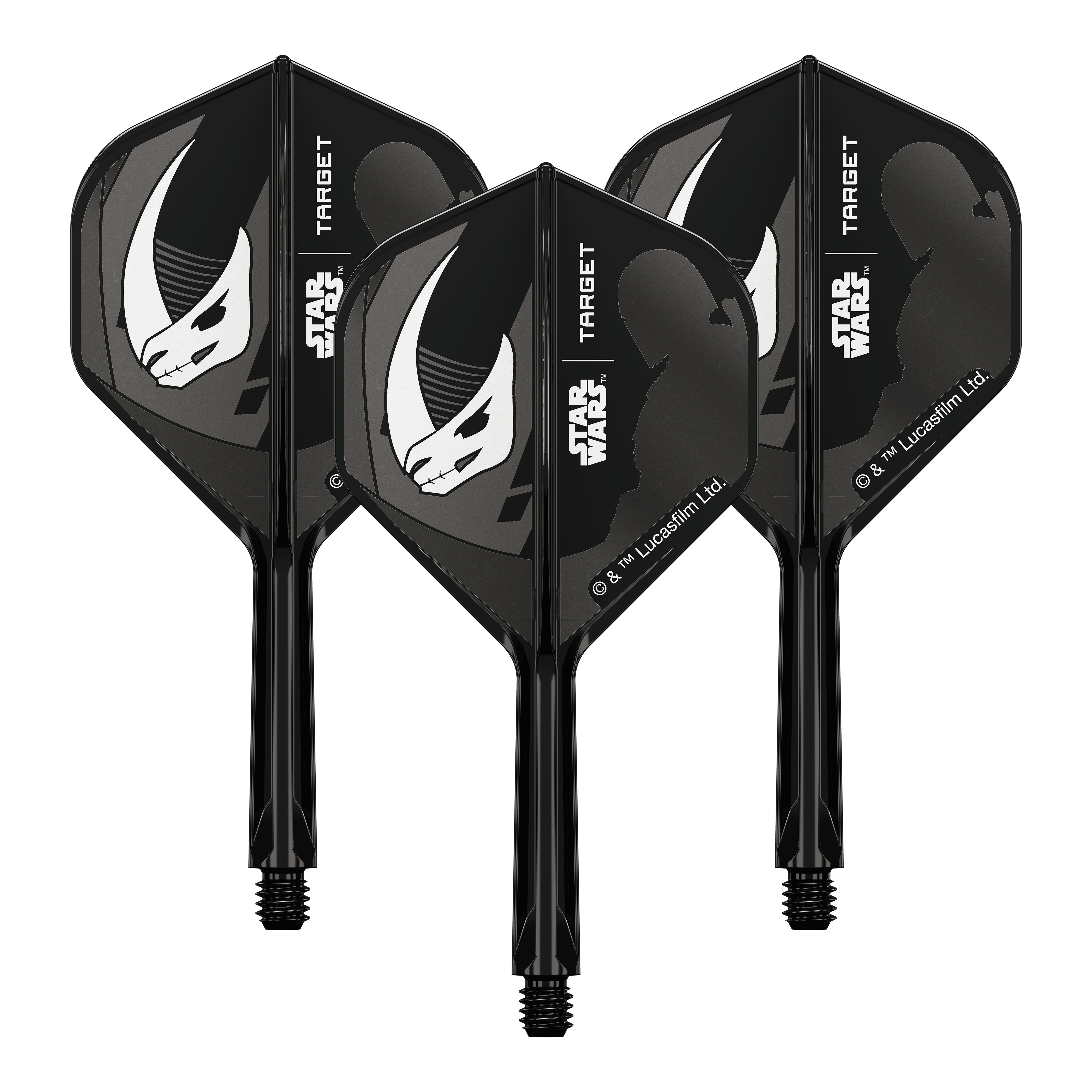 Target Star Wars K-Flex Set Mandalorian No2 Standard Flights Das Bild zeigt das Produkt mit dem Dateinamen 410621_Target_StarWars_K-Flex_Mandalorian_Armour_No2_Standard_Flights_26mm_2a. Es handelt sich vermutlich um einen weiteren Dart-Flight im Mandalorian Design.