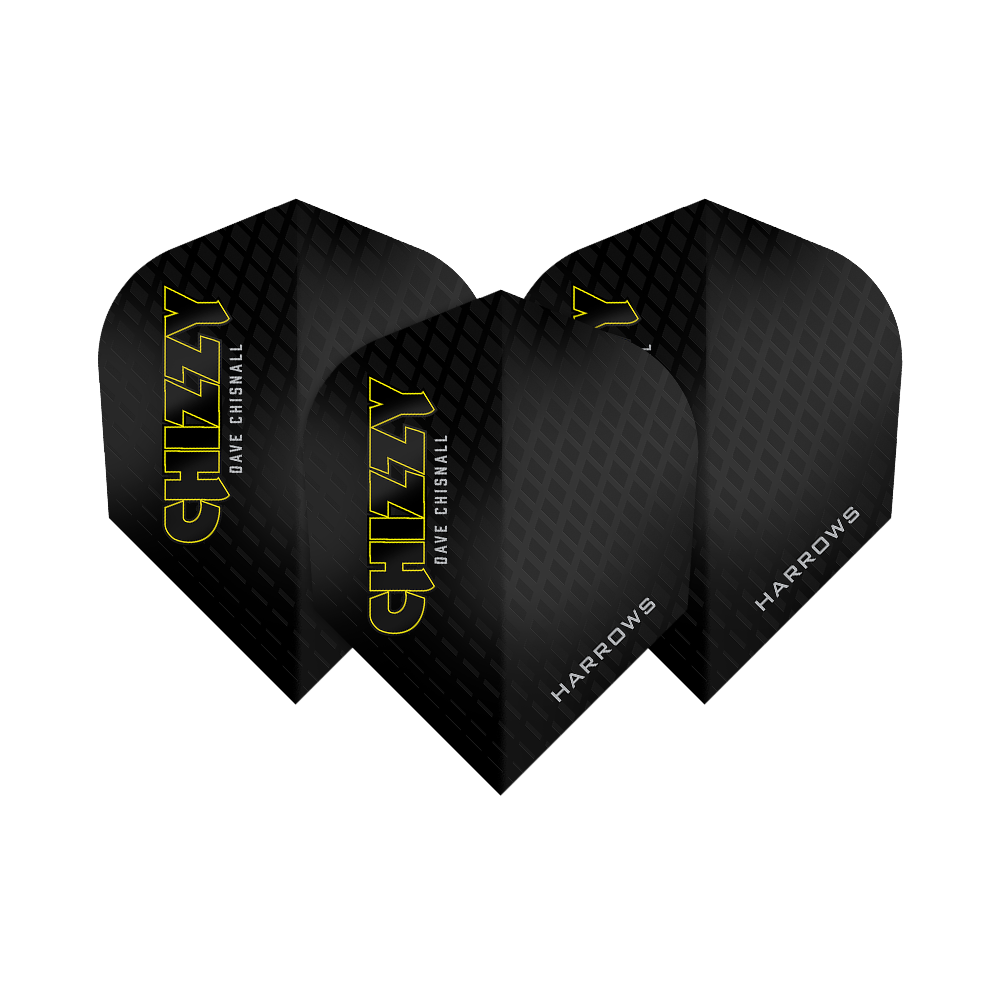 Harrowův Dave Chisnall Chizzy série 3 letů Das Bild zeigt drei Dartflights der Marke Harrows aus der Dave Chisnall Chizzy Series 3. Die Flights sind schwarz mit gelbem Schriftzug „CHIZZY“ und verfügen über ein dezentes Rautenmuster.