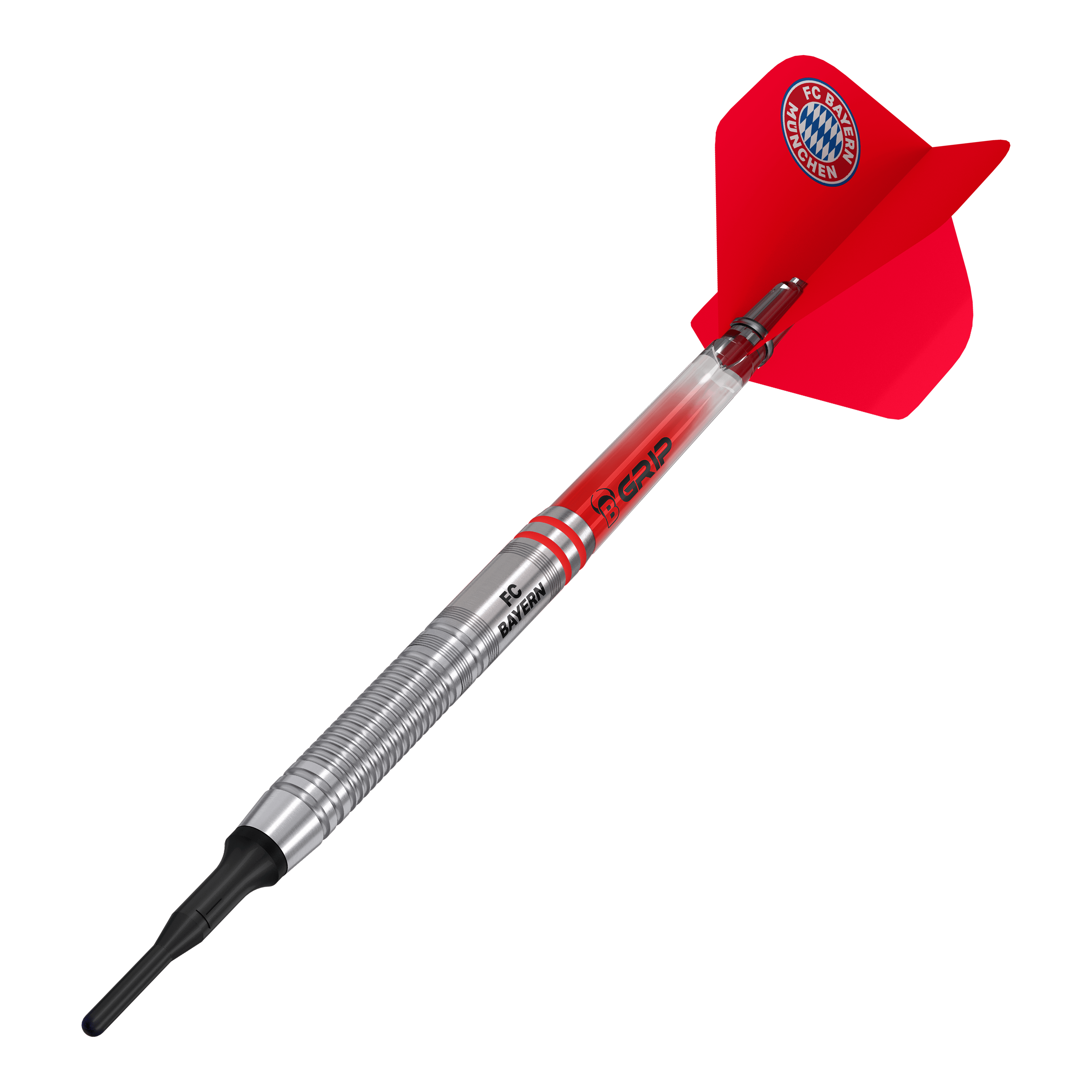 Gezeigt werden die Bulls FC Bayern München Tungsten Softdarts - 18g. Diese Darts sind ideal für Softdart-Liebhaber und FC Bayern Fans.