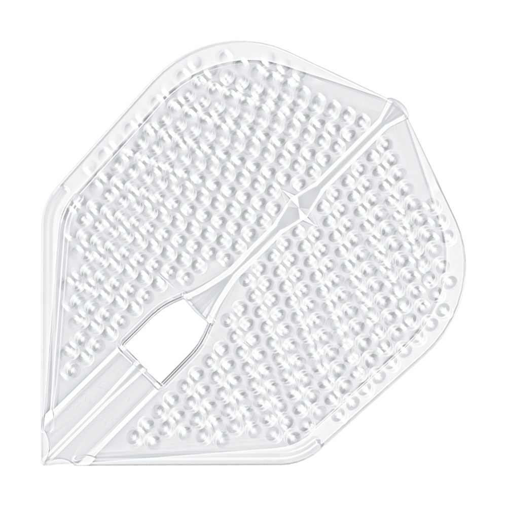 Letky ve stylu L Dimple Champagne Tvar L3PRO Das Bild zeigt ein durchsichtiges Dartflight mit einer dimpled (genoppten) Oberfläche. Es handelt sich um das Produkt "L-Style Flights Dimple Champagne L3PRO Shape".