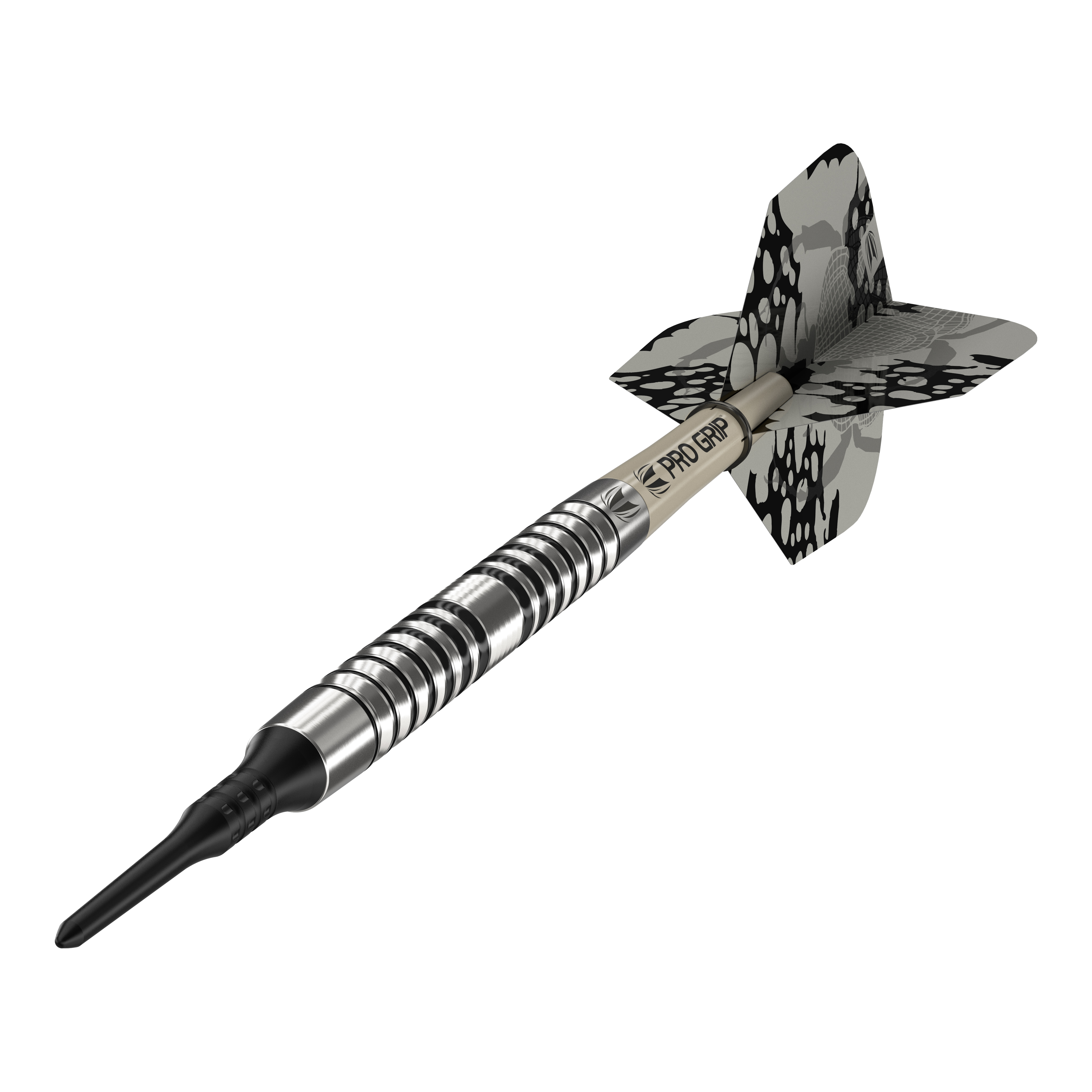 Měkké šipky Target EXO 10 Das Bild zeigt einen Target EXO 10 Softdart. Der Dartpfeil hat ein silbernes, gerieftes Barrel und schwarz-graue Flights mit Muster.