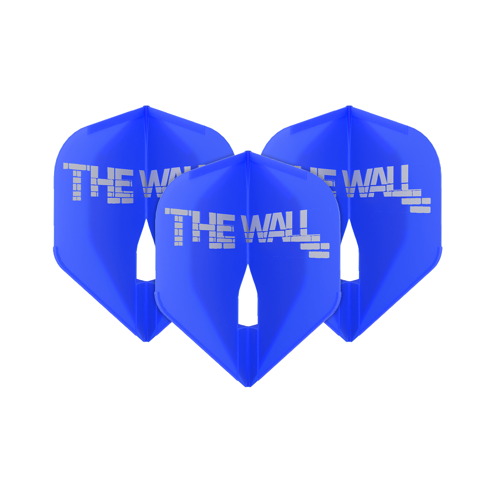 Letky Martin Schindler Blue L-L-Style1PRO Das Bild zeigt drei blaue Dartflights mit der Aufschrift "THE WALL". Es handelt sich um das Produkt 'L-Style Martin Schindler Blau L1PRO Flights'.