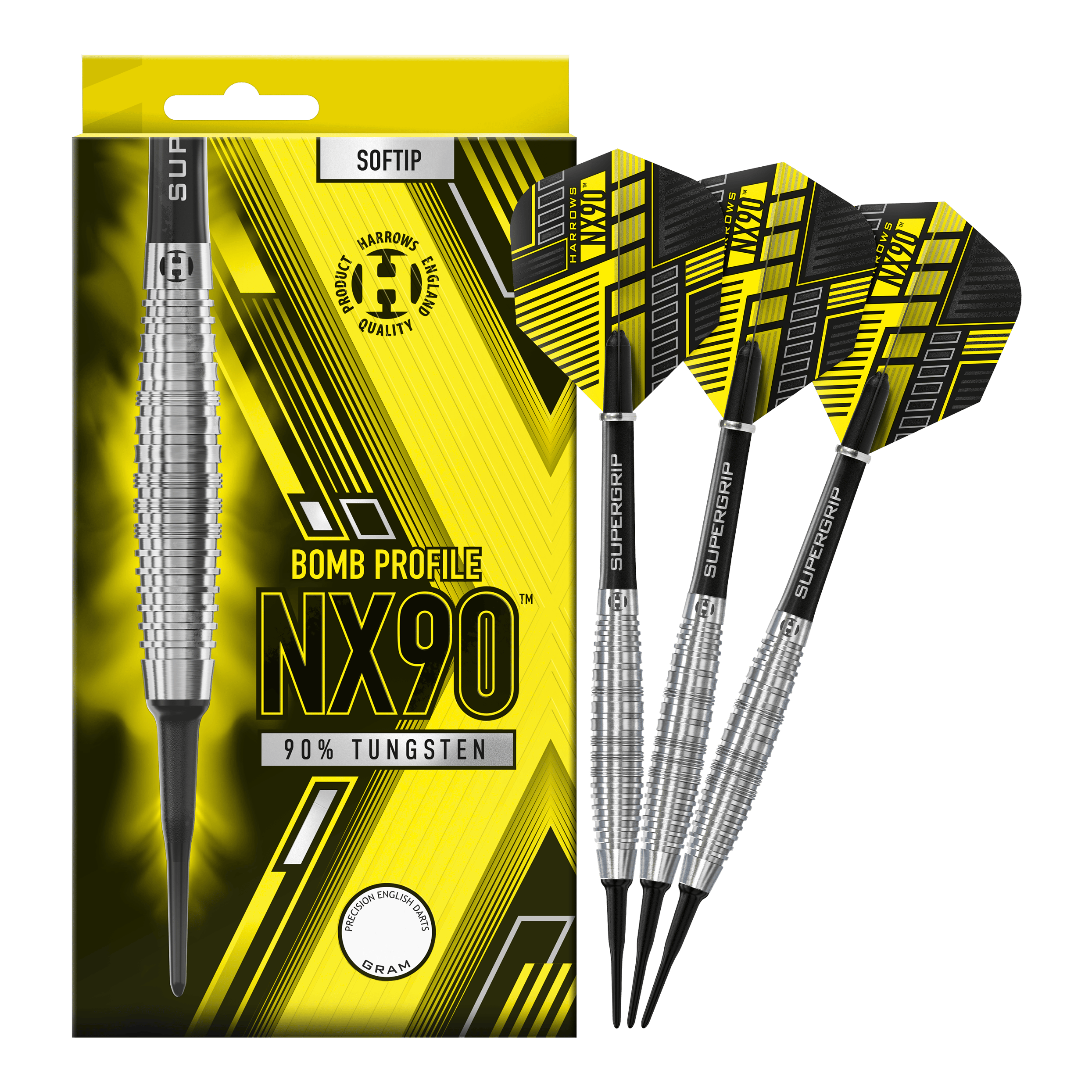 Měkké šipky Harrows NX90 Bomb Das Bild zeigt eine Packung Harrows NX90 Bomb Softdarts mit auffälligem gelb-schwarzem Design. Neben der Verpackung sind drei Softdarts mit silbernen Griffen und schwarzen Flights zu sehen.
