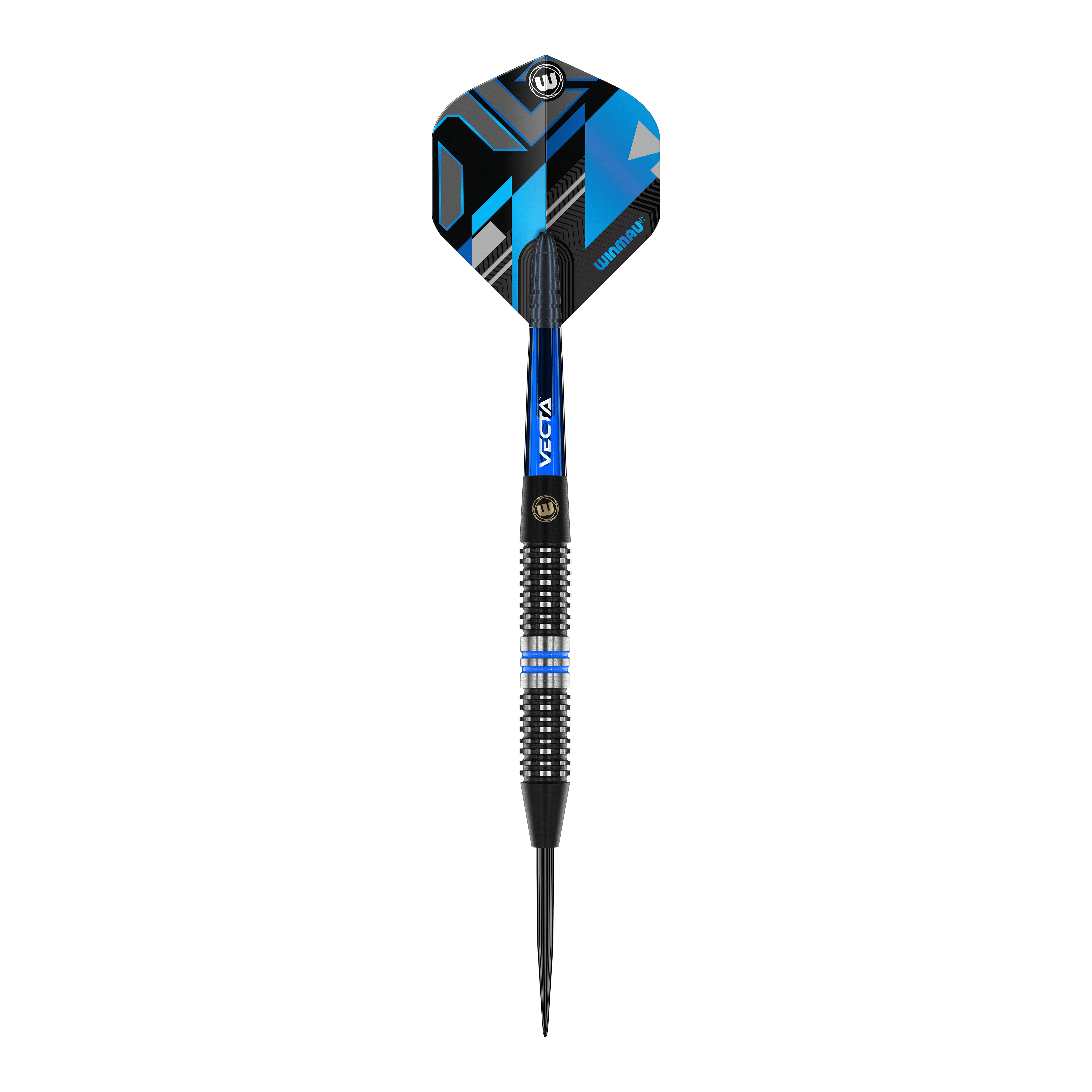 Ocelové šipky Winmau Galactics Das Bild zeigt einen Winmau Galactics Steeldart mit einem modernen, blauen und schwarzen Design. Der Dart hat eine strukturierte Griffzone und eine spitze Stahlspitze.