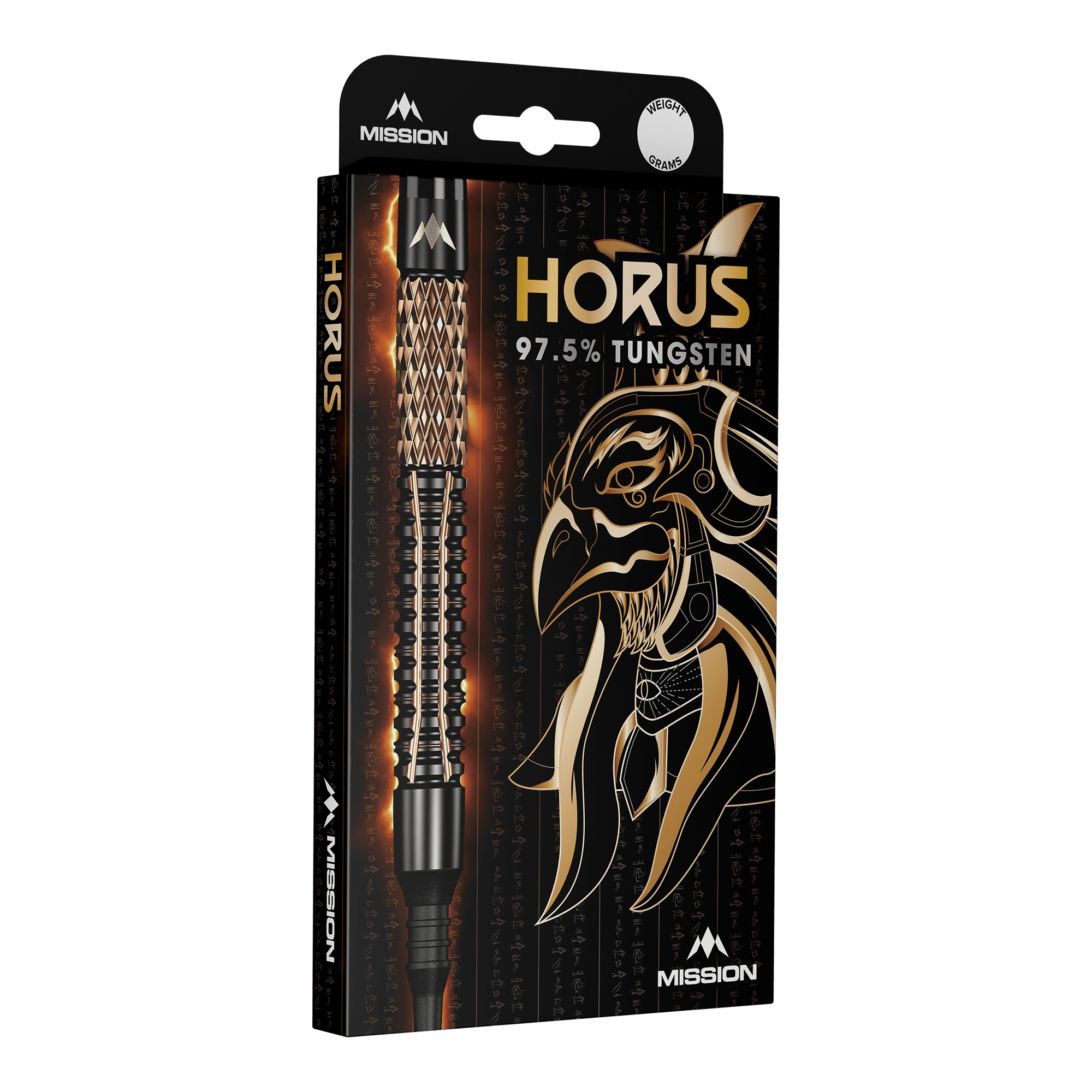 Šipky Mission Horus Softdarts - 19g Die Abbildung zeigt die Verpackung der "Mission Horus Softdarts - 19g". Auf der Vorderseite sind der Dartpfeil, der Produktname und ein goldener Horus-Kopf abgebildet.