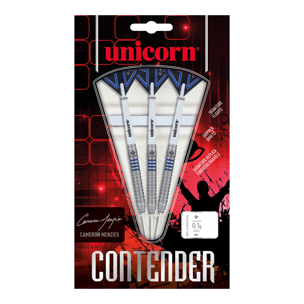 Ocelové šipky Unicorn Contender Cameron Menzies - 23g Das Bild zeigt eine Packung Unicorn Contender Camerion Menzies Steeldarts mit einem Gewicht von 23g. In der Verpackung befinden sich drei silberne Darts mit blauen Akzenten.