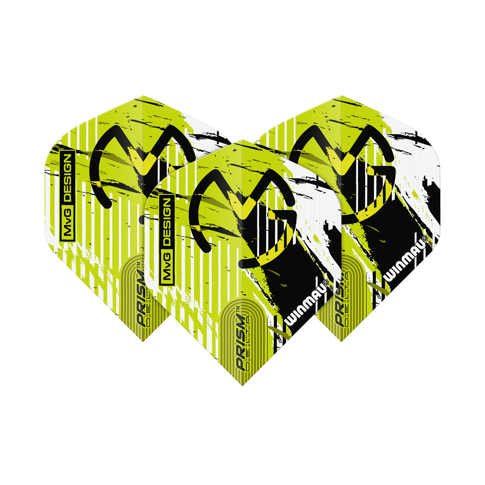 Winmau Delta Michael Van Gerwen Prism 03 Standardní lety Das Bild zeigt drei Dartflights des Modells "Winmau Delta Michael Van Gerwen Prism 03 Standard". Die Flights sind gelb-schwarz-weiß gestaltet und tragen das MVG-Logo sowie die Aufschrift "PRISM DELTA" und "WINMAU".