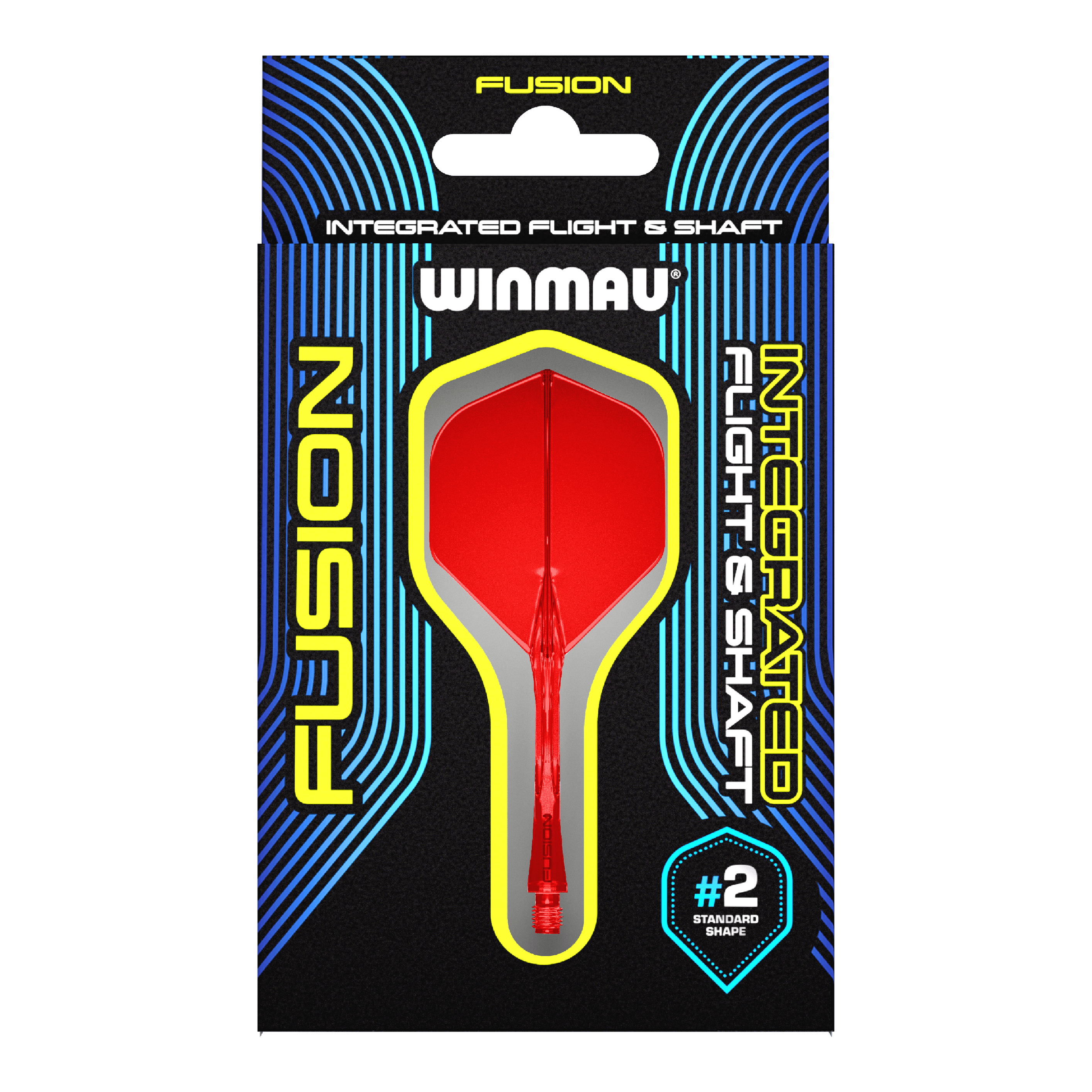 Systém letky Winmau Fusion Standard Red Das Bild zeigt eine Verpackung für das Winmau Fusion Integrated Flight & Shaft System in Rot. Im Mittelpunkt ist ein integrierter Dart-Flügel mit Schaft der Größe #2 im Standard-Shape zu sehen.