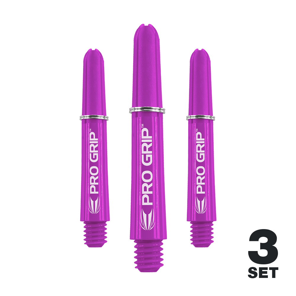 Target Pro Grip Shafts – 3 sady – fialová Das Bild zeigt drei lila Dartshafts der Marke PRO GRIP. In der rechten unteren Ecke steht „3 SET“, was auf ein Set mit drei Stück hinweist.