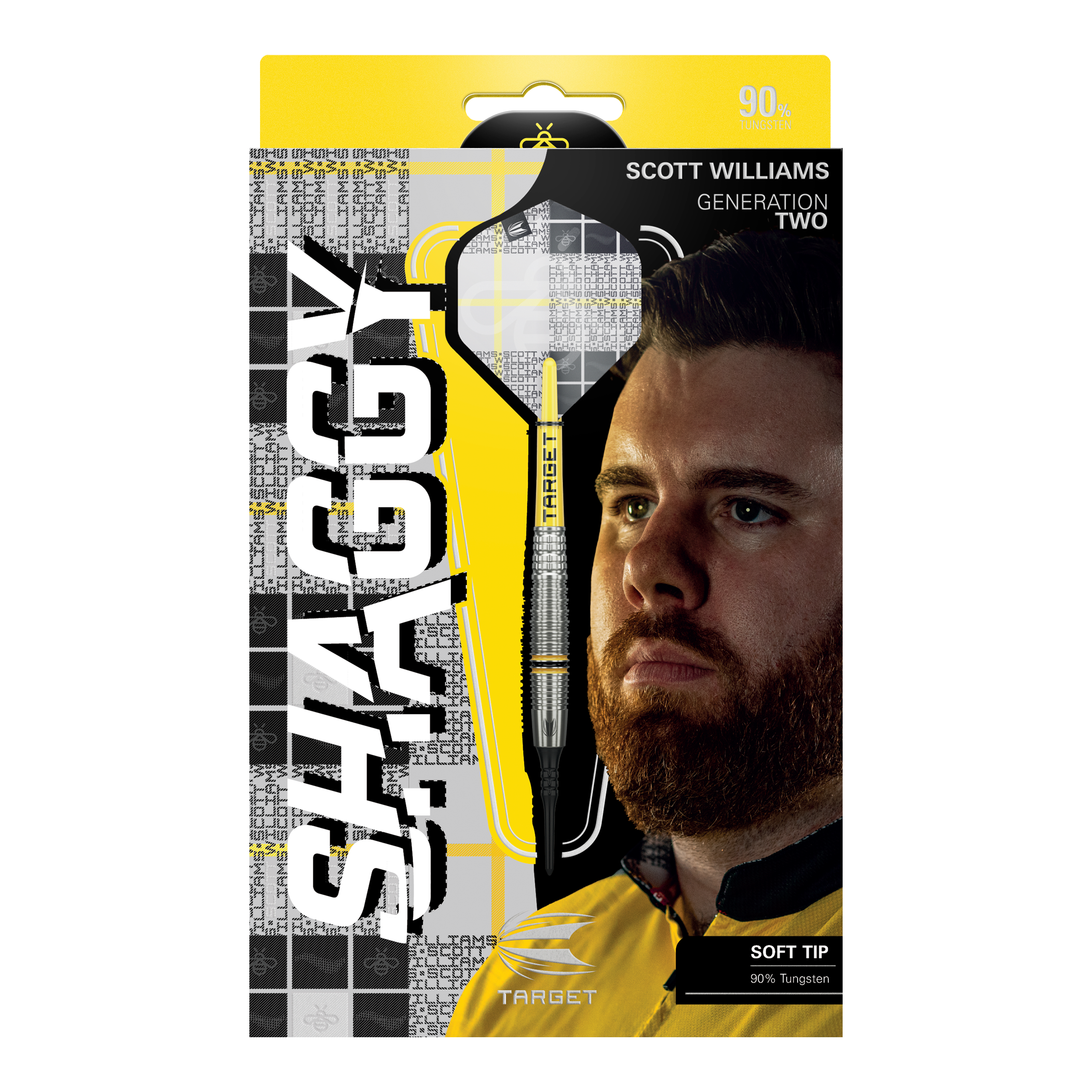 Měkké šipky Target Scott Williams GEN2 - 18g Das Bild zeigt die Verpackung der "Target Scott Williams GEN2 Softdarts - 18g". Auf der Vorderseite sind ein Dartpfeil, das Gesicht von Scott Williams und der Schriftzug "SHAGGY" prominent zu sehen.