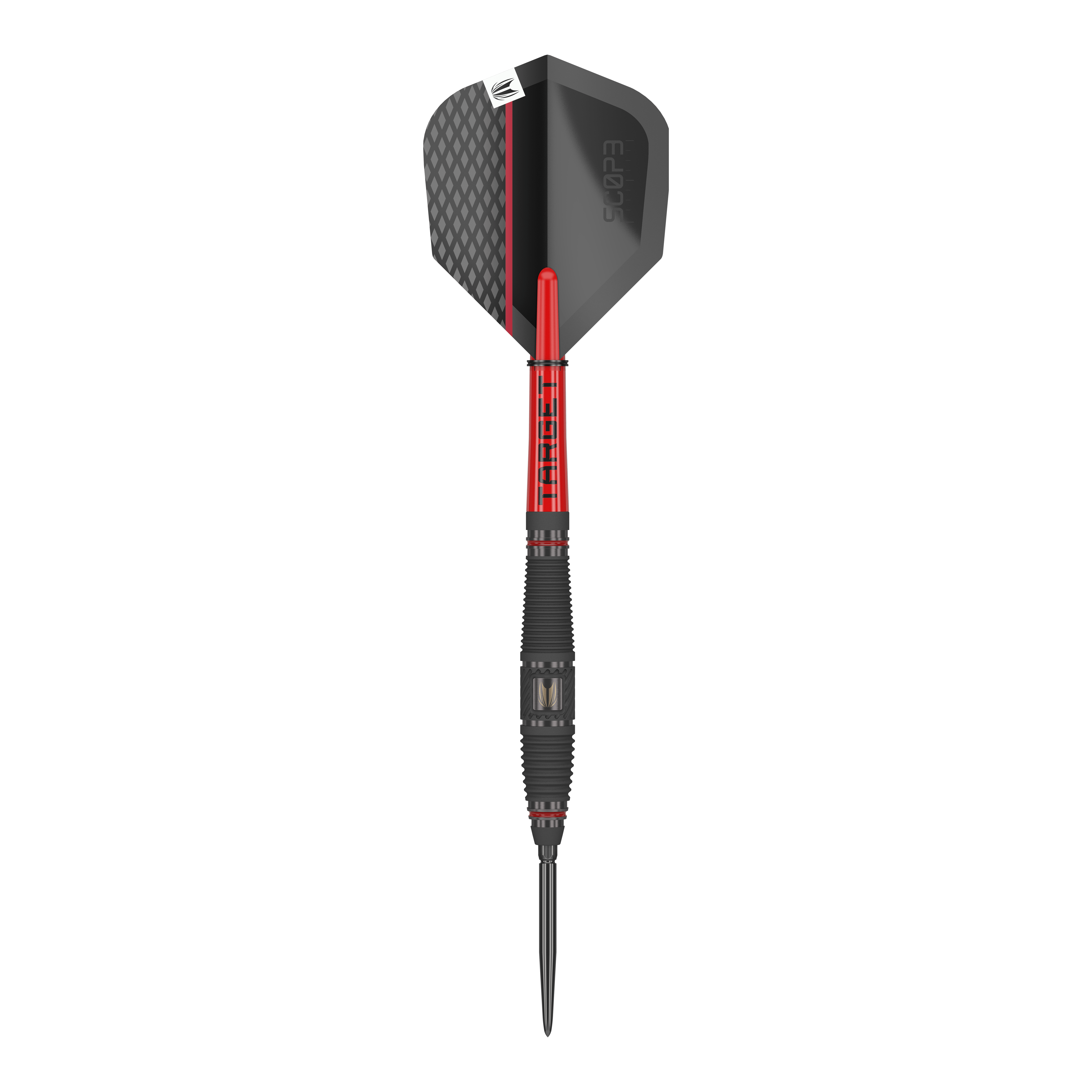Ocelové šipky Target Scope 03 Swiss Point Das Bild zeigt einen Target Scope 03 Swiss Point Steeldart. Der Dart hat ein modernes Design mit schwarzen und roten Elementen sowie einer strukturierten Griffzone.