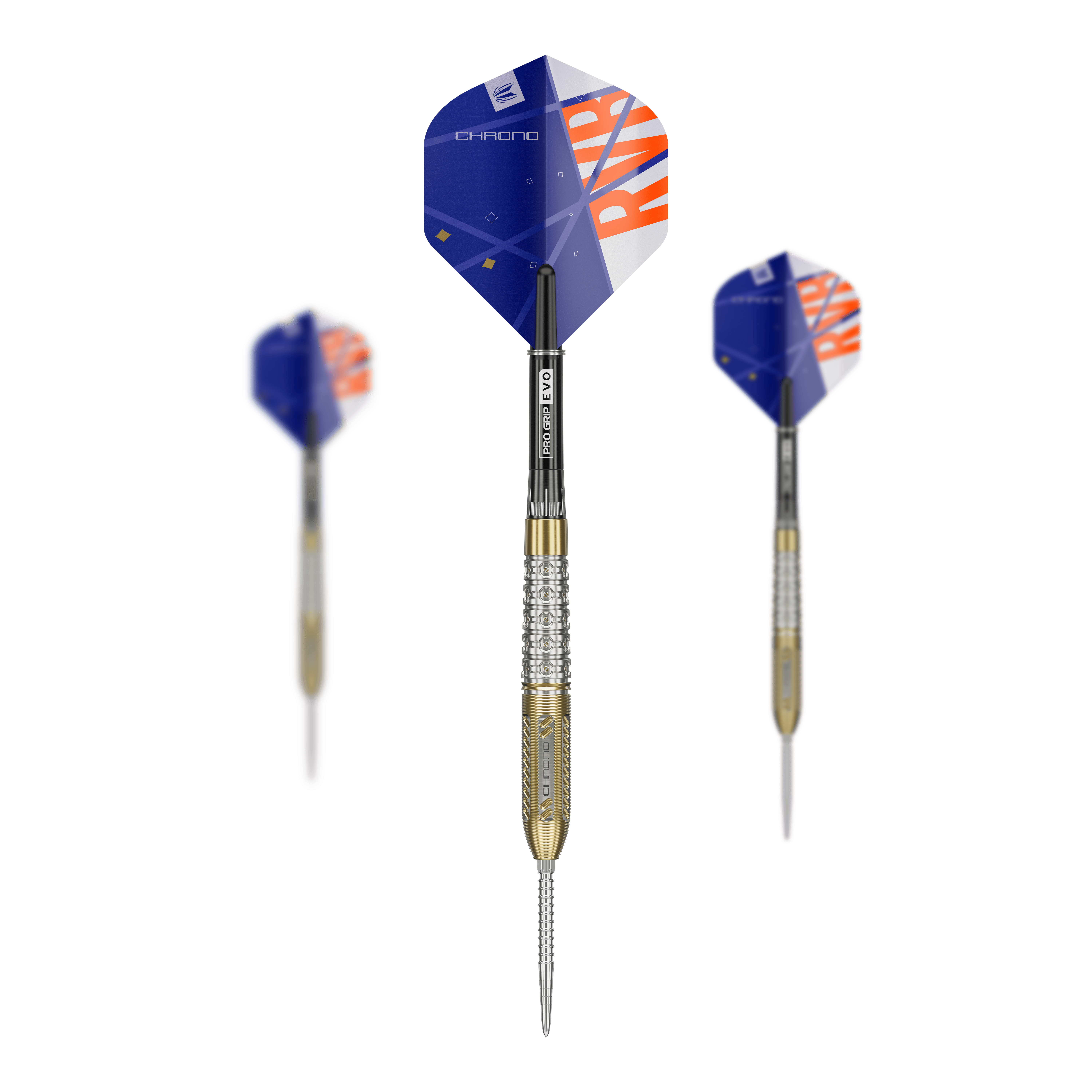 Terč Raymond Van Barneveld Chrono 95 Swiss Point Steel Darts Das Bild zeigt drei Steeldarts der Marke "Target Raymond Van Barneveld Chrono 95 Swiss Point". Die Darts haben blaue Flights mit orangefarbenem Schriftzug und einen silber-goldenen Schaft.