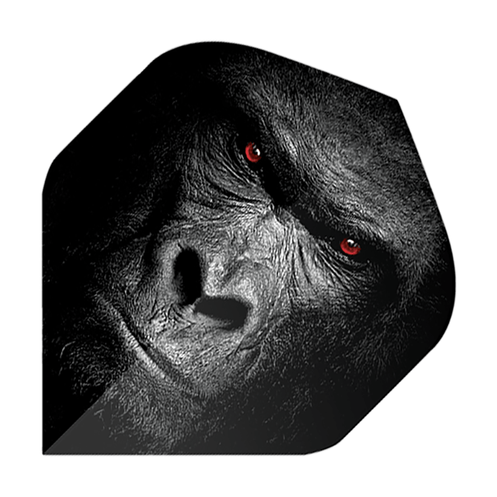 Lety v pětiboji Gorilla Das Bild zeigt ein Dart-Flight mit dem Gesicht eines Gorillas. Die Augen des Gorillas leuchten rot und der Hintergrund ist dunkel gehalten.