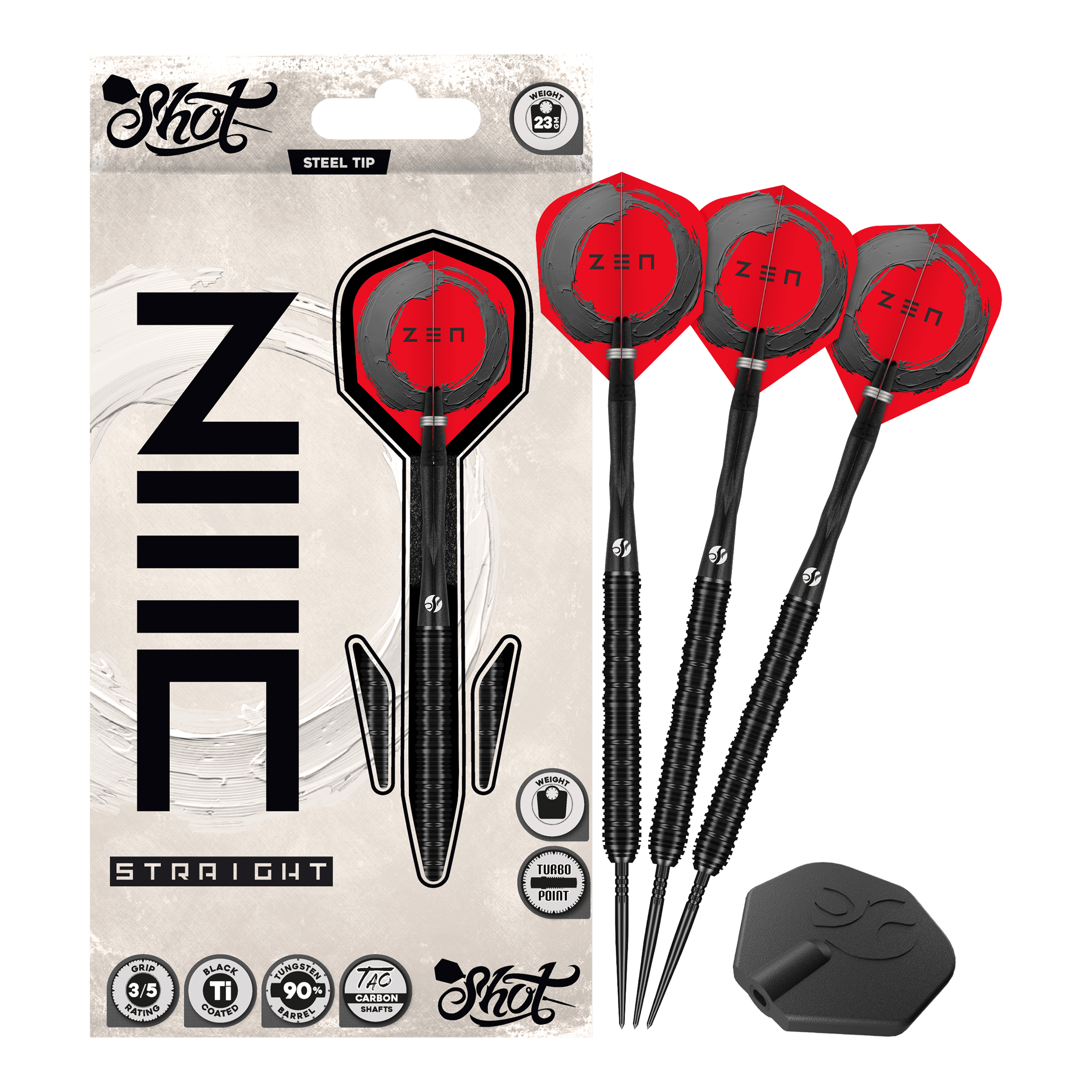 Šipky Shot ZEN Straight Turbo Point ocelové - 23g Das Bild zeigt Shot ZEN Straight Turbo Point Steeldarts - 23g in voller Länge. Die Steeldarts werden vollständig dargestellt.