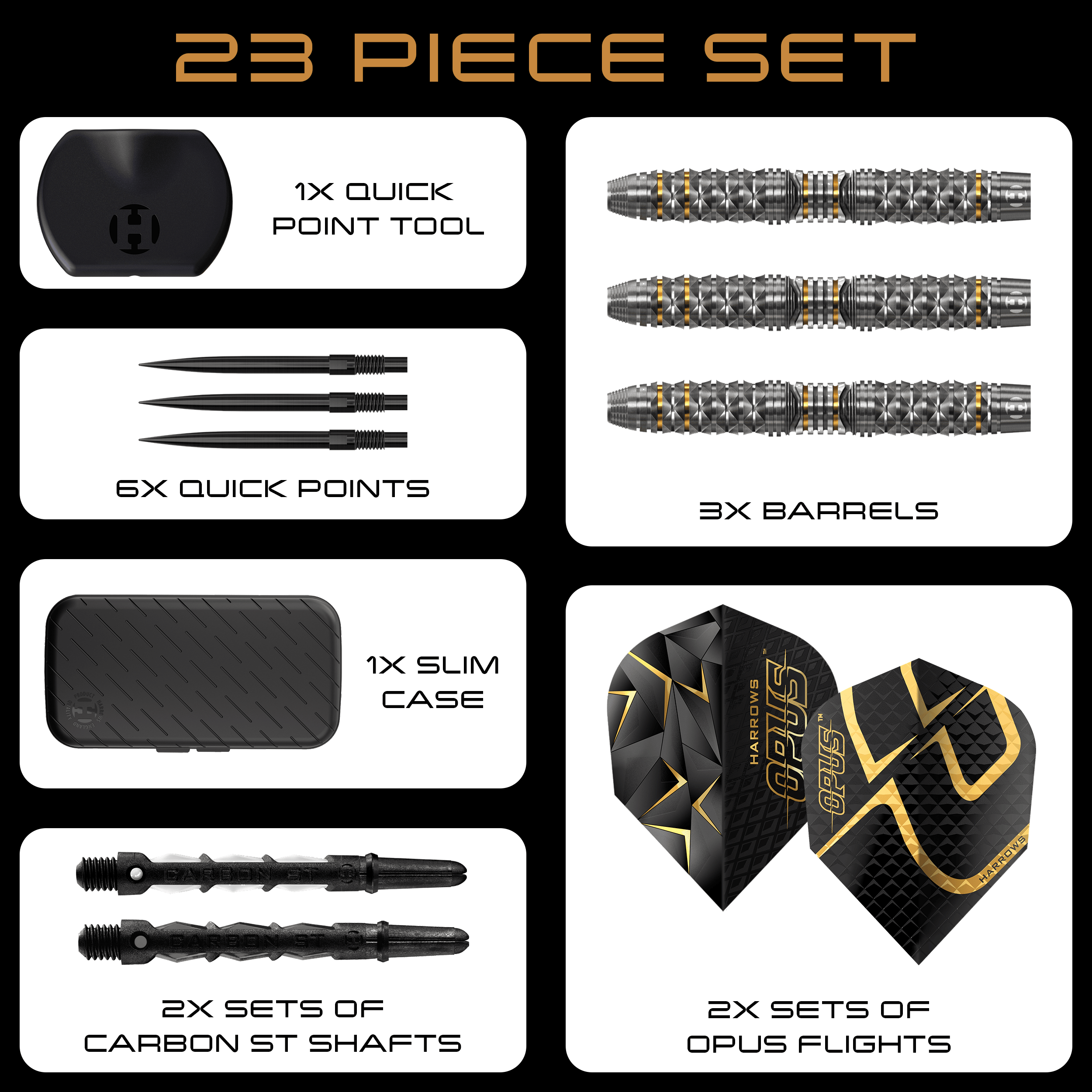 Ocelové šipky Harrow's Opus Quick Point Auf dem Bild sind die Harrows Opus Quick Point Steeldarts mit 23g zu sehen. Diese Darts eignen sich für das Steeldartspiel.
